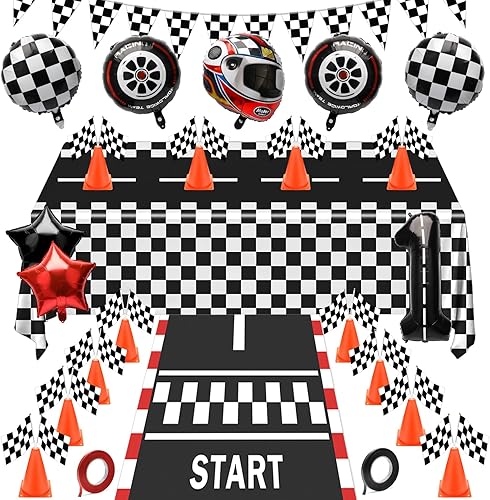 Miniatura 8 de Suministros para fiestas de autos de carreras, juego de 38 piezas 24 banderas a cuadros, 12 mini conos de tráfico, alfombra de hipódromo de 6.5