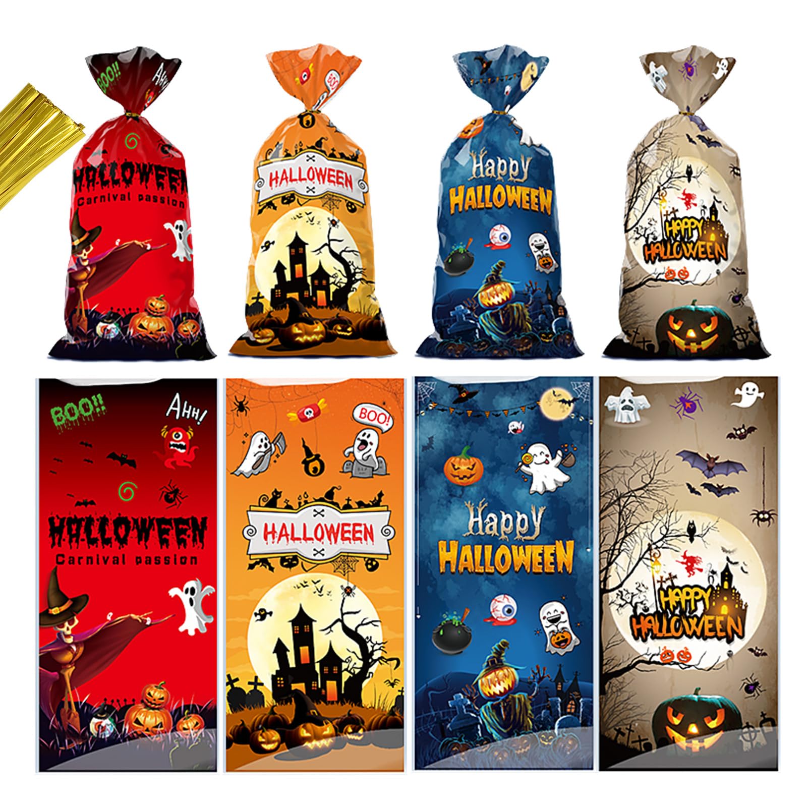 50 PCS Halloween Cellophane Treat Bags - Cookies Goodie Gift Snacks Bags with Twist Ties for Trick or Treat Party Favors