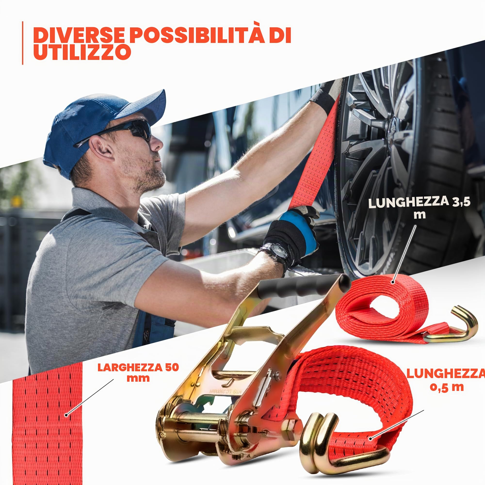 NTG Cinghie di ancoraggio, 4 m, 5 t, 10 pezzi, 2 pezzi, 50 mm, cricchetto e gancio, TÜV/GS | Cinghie di ancoraggio a cricchetto, testate da 2500 a 5000 daN, fissaggio del carico per camion, rimorchi, furgoni