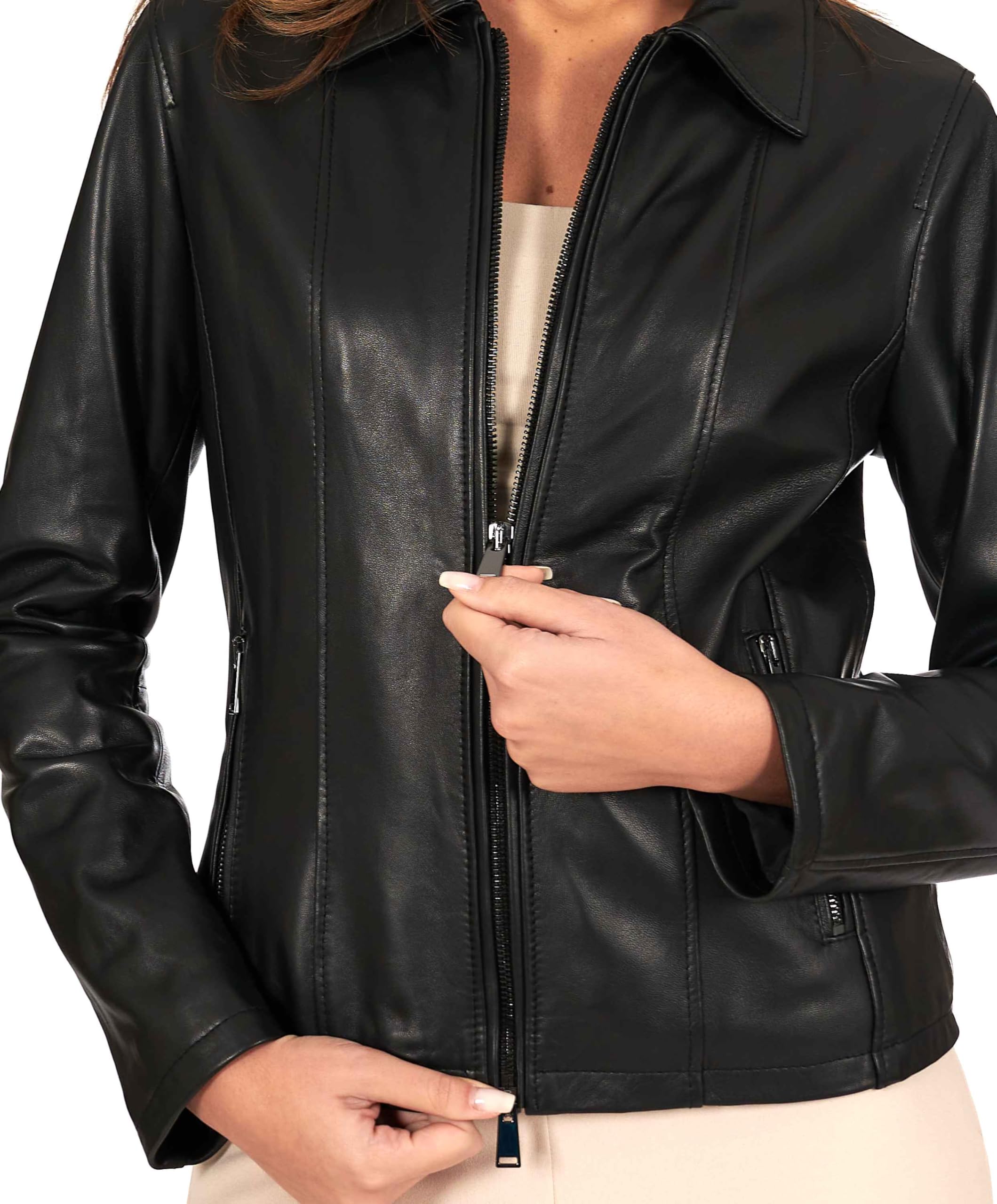 D'Arienzo Giacca Donna Nera Giubbotto Collo Camicia Moto Vera Pelle Made in Italy Vale Cam