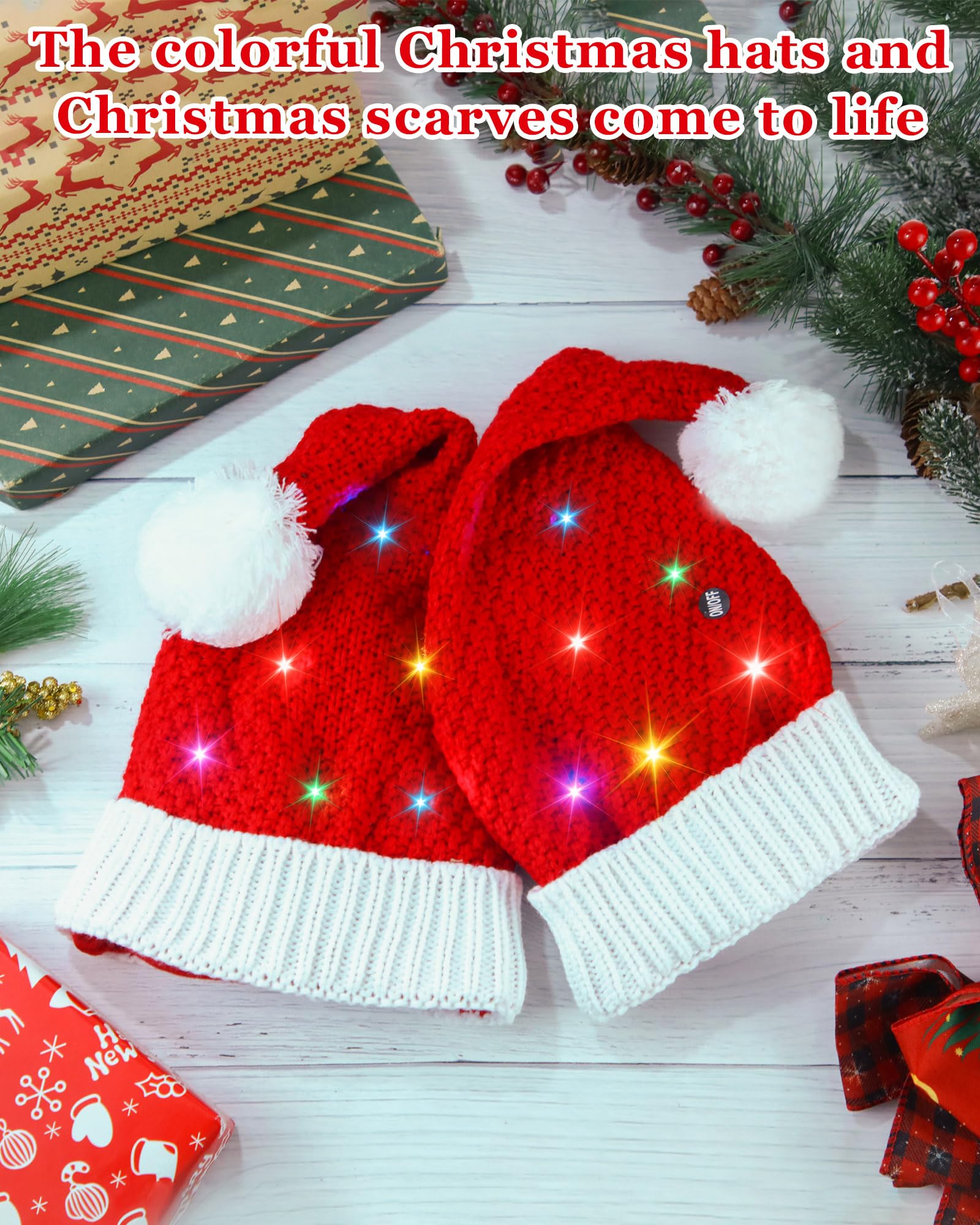 Liitrsh 9 Pcs LED Light up Christmas Hat Knitted Santa Hats Xmas Party Favors Beanie Hat Winter Sweater Hat with Colorful Lights for Adult Kid Christmas Holiday Party Supplies Family Gatherings Gifts