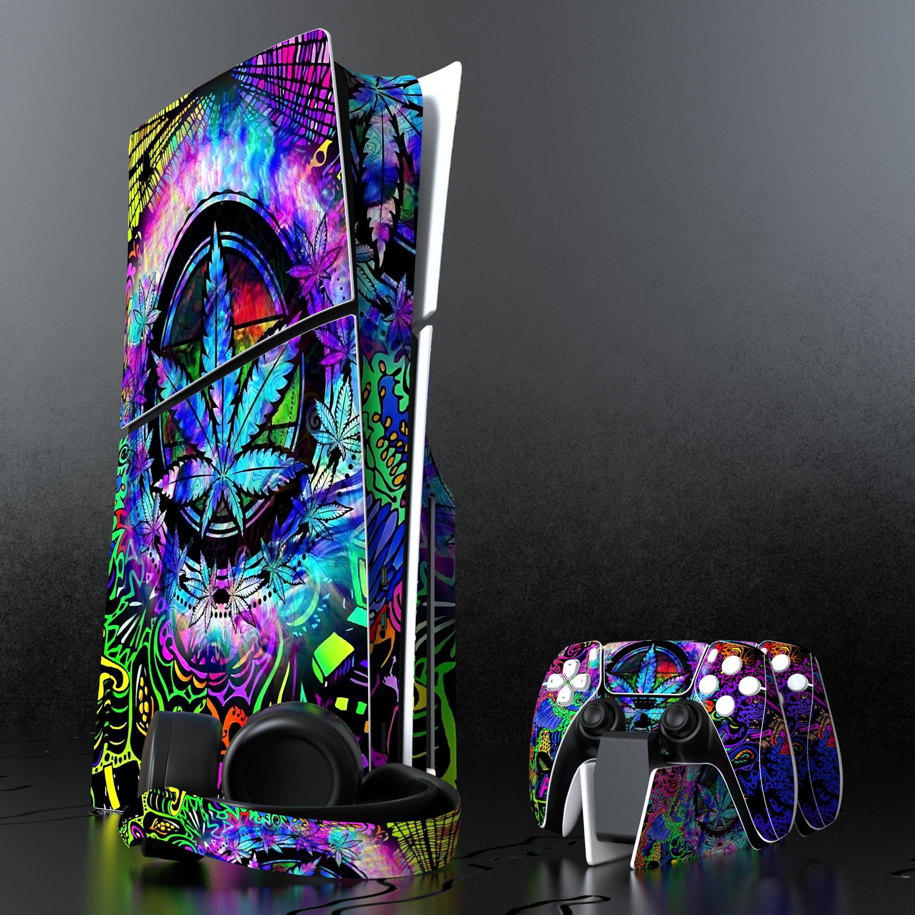 playvital Autocollant Protection pour ps5 Slim Standard Console, Sticker Skin pour ps5 Manette & Télécommande & Casque & Station de Charge,Disc Edition-Feuille Psychédélique