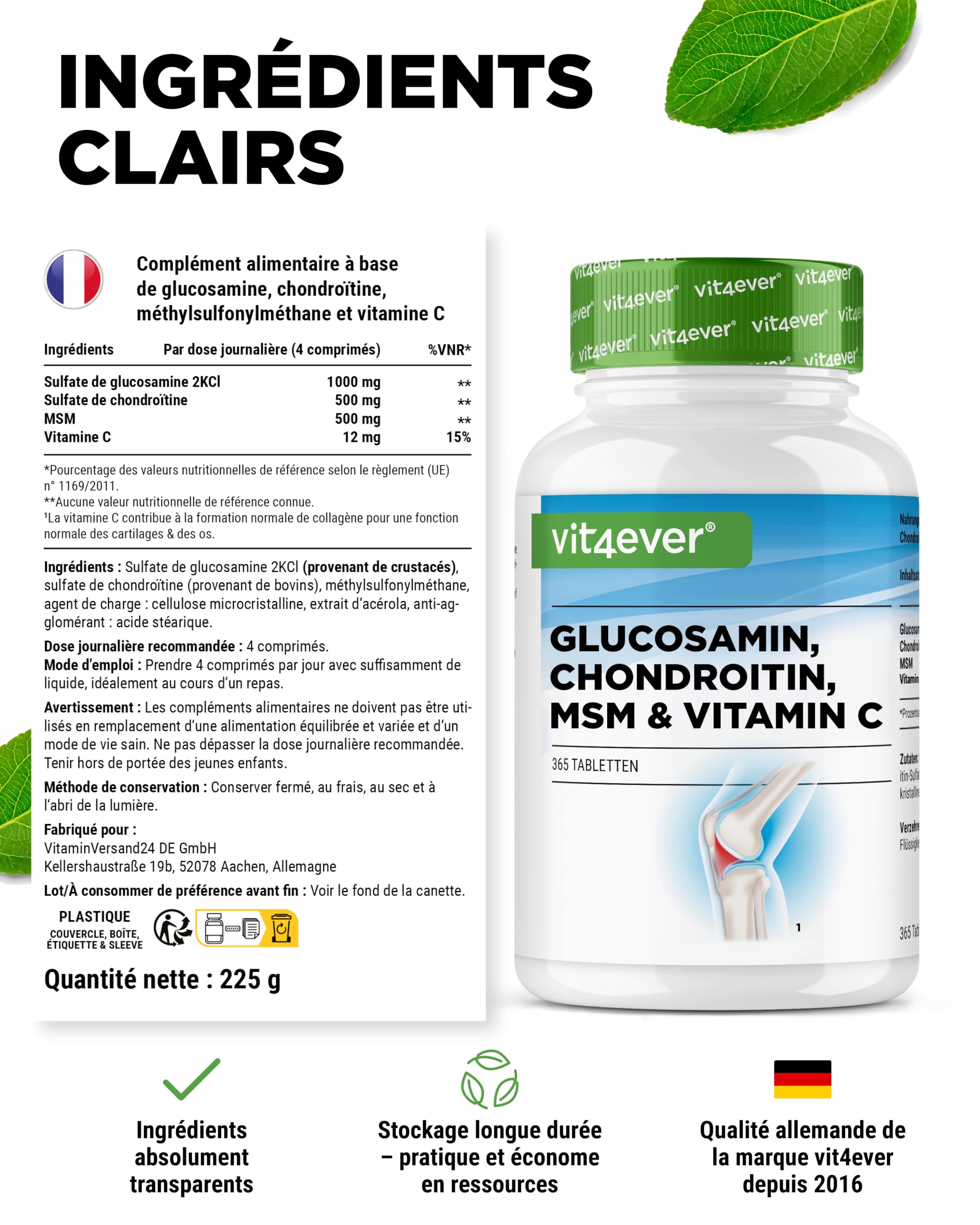 Glucosamine Chondroïtine MSM - 365 Comprimés - Hautement Dosé à 2000 mg par Jour - 3 Mois d'Approvisionnement - sans Additifs Indésirables | 1000 mg de glucosamine, 500 mg de chondroïtine, 500 mg de MSM, 99,9 % de pureté MSM