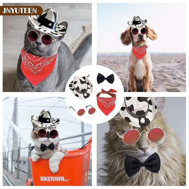 Foto 7 de 7 de 4 Piezas Sombrero Vaquero para Perros y Gatos, Disfraz Mascota Accesorios con Bandana Gafas Pajarita
