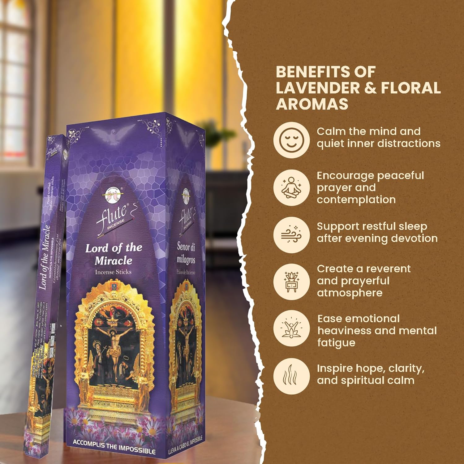 Flute Lord of the Miracle Christian Incense Sticks - Catholic & Prayer Incense for Church & Holy Worship - Lavender & Floral – 8 Sticks/Pack, 25 Packs/Box (9 Inch, 200 Sticks) | 40 Minutes Burn Time