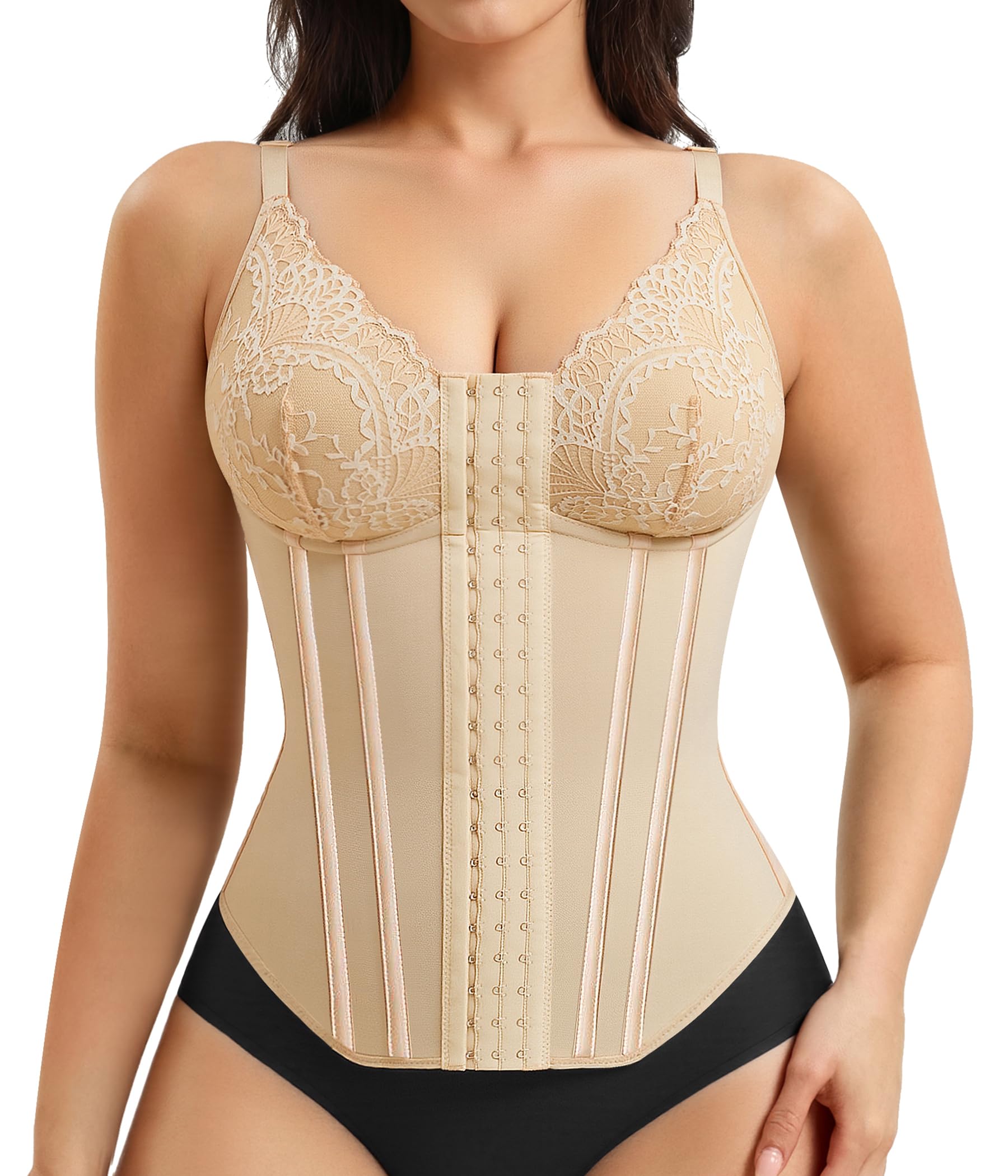 Photo 1 of Nebility Waist Trainer for Women, Corset Shapewear with Bra Adjustable Waist Cincher Faja Body Shaper with Tummy Control (Beige, Medium)