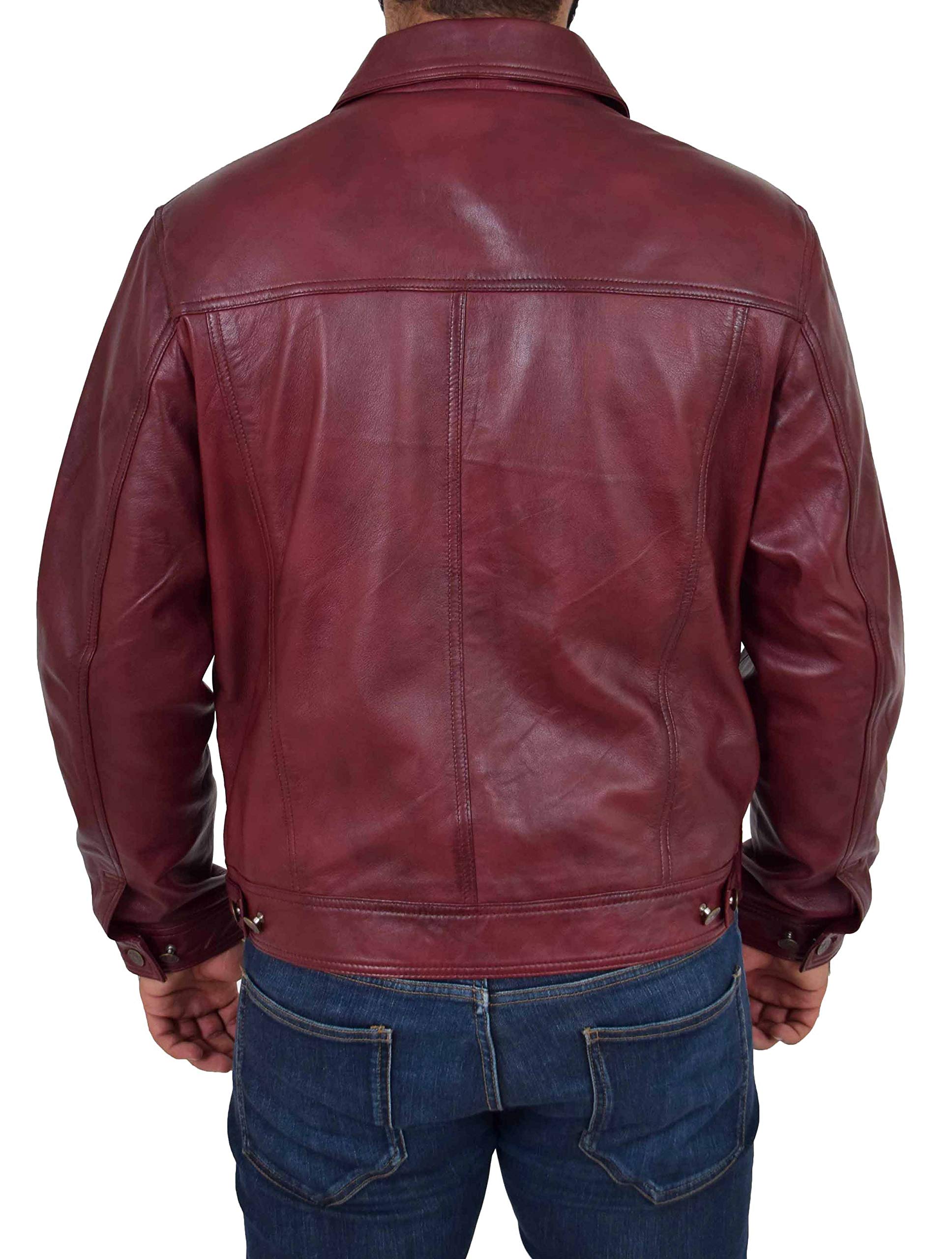 Chaqueta de camionero de cuero suave para hombre, abrigo estilo vaquero occidental americano, color burdeos