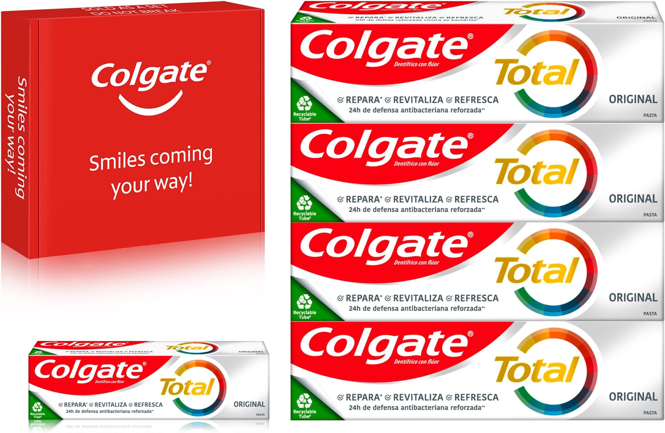 Total Original Toothpaste Multipack (4 x 75ml + 1 x 20ml), 24 hour antibacterial toothpaste, protects against cavities, contains fluoride and strengthens enamel