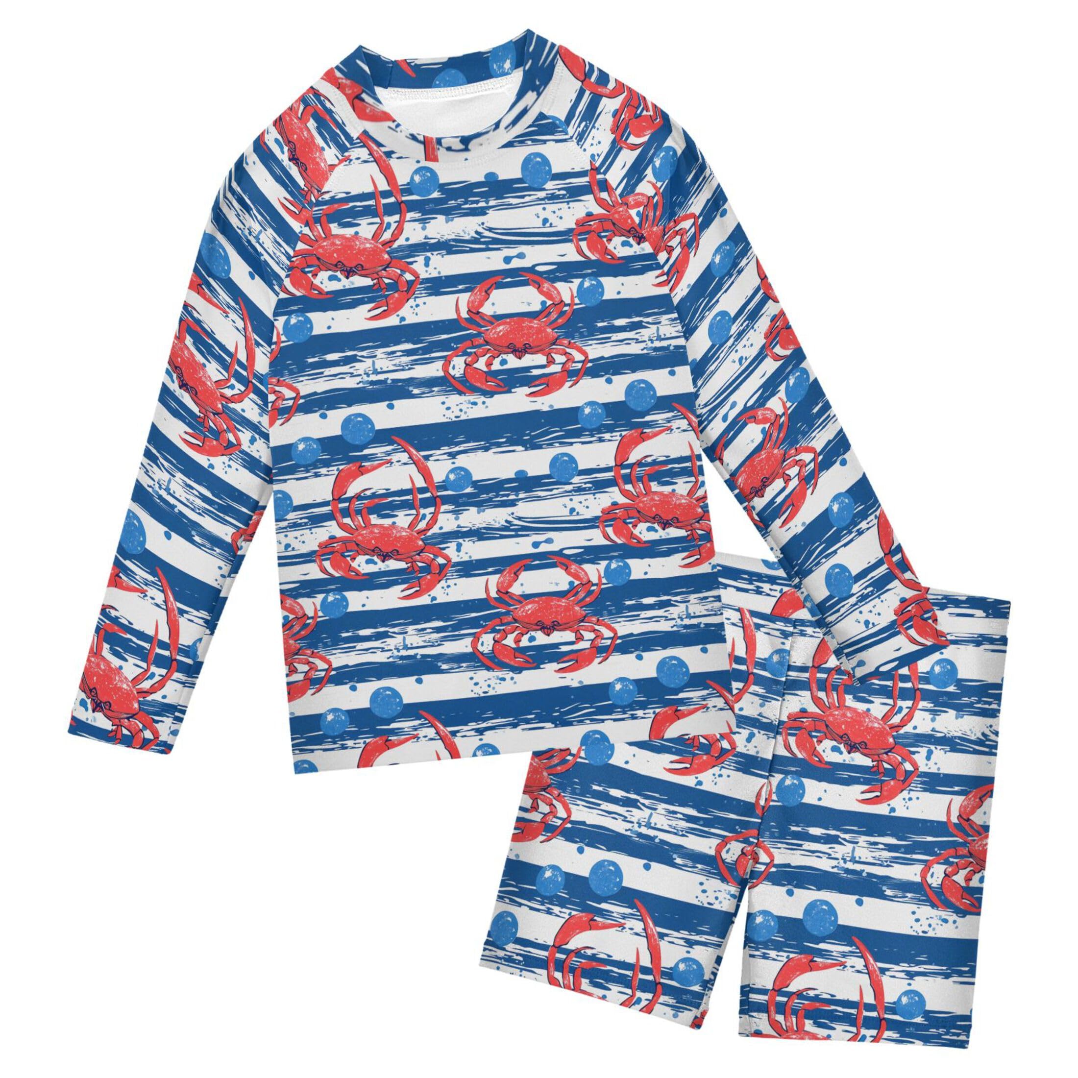 Cute Crab Stripe Toddler and Baby Boys' 2-Piece Swimsuit Trunk, Long Sleeve Rashguard Bathing Suit B0404076