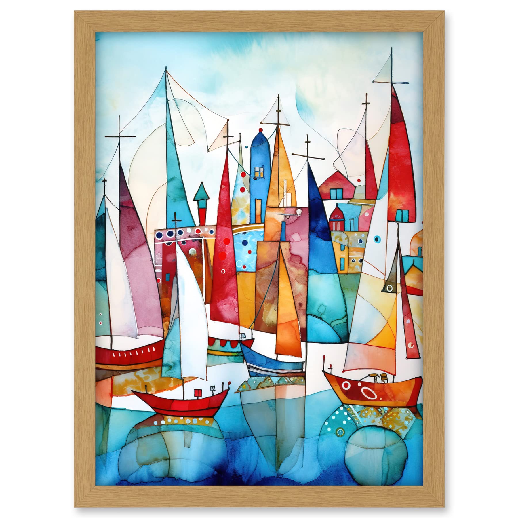 Artery8 Harbour Boats Abstract Folk Art Watercolour Painting Artwork Framed A3 Wall Art Print