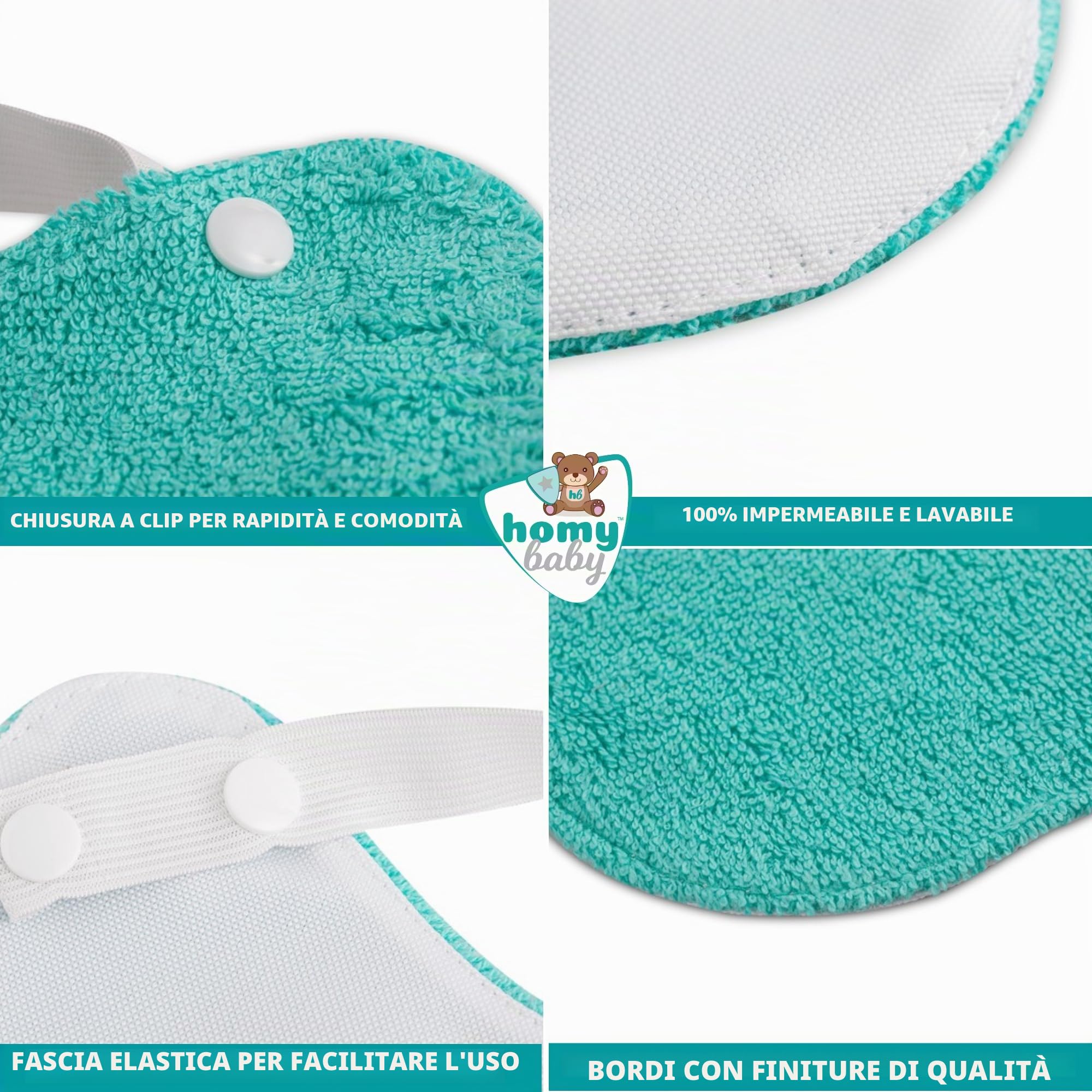 HOMYBABY® Set 5 Bavaglini Neonato Impermeabili con Bottoni per Asilo Nido