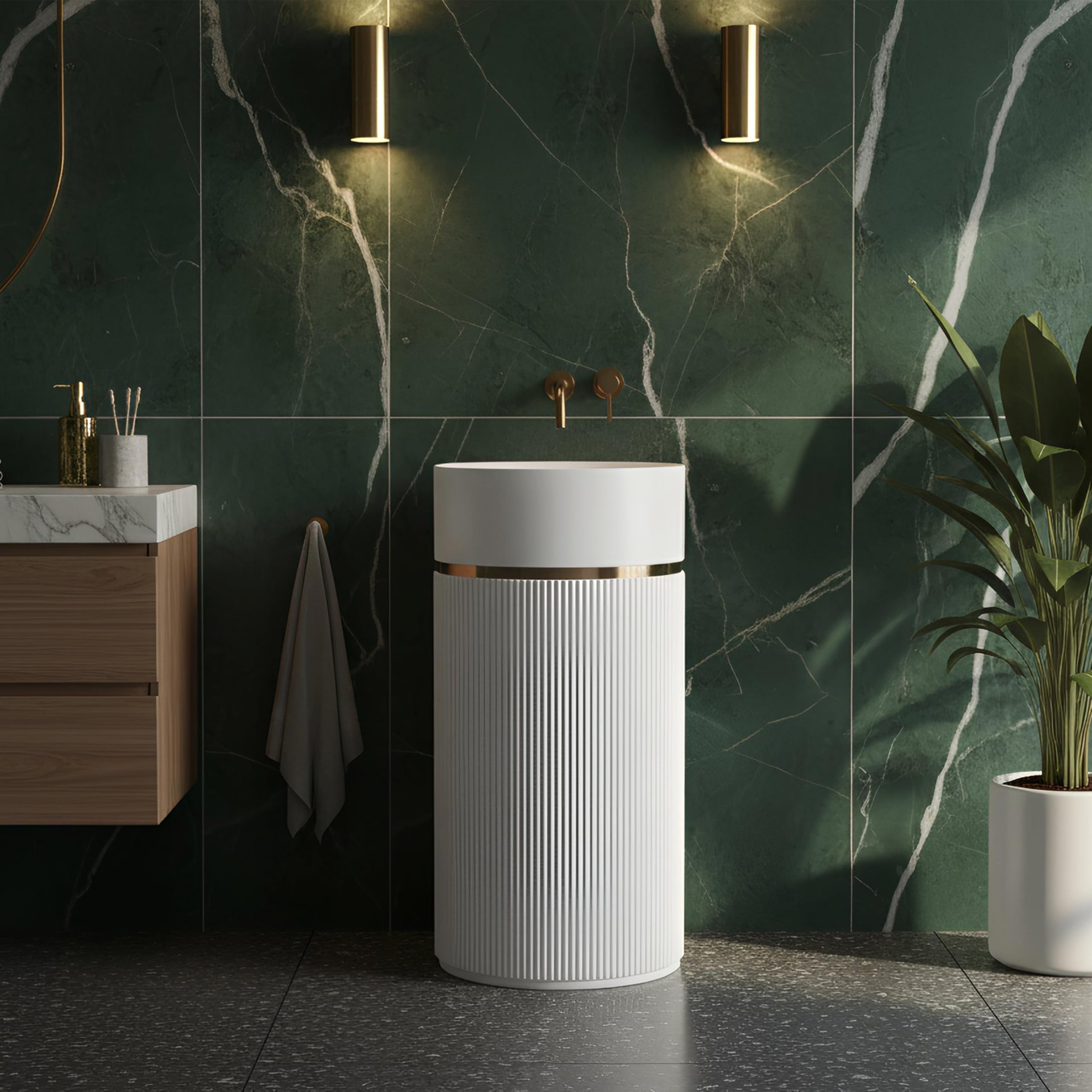 Plantex Pedestal Matt Wash Basin/Acrylic Resin & Quartz Free Standing Wash Basin/Round Basin for Bathroom/Home/Office/Restaurant - (1056, White)