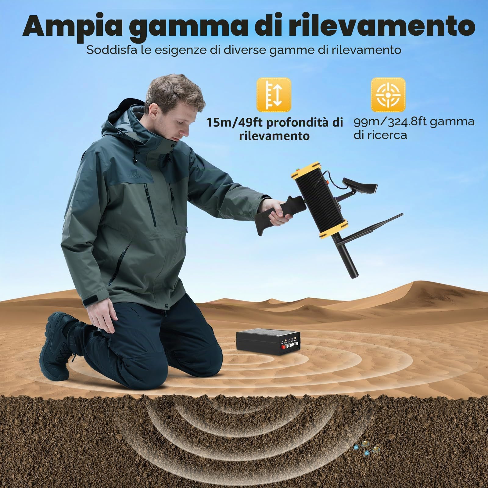 Metal detector con schermo raggio di 990 metri profondità di 16 metri rivelatore d'oro portatile leggero ad alta sensibilità cacciatore di tesori metallici sotterranei Scanner di diamanti