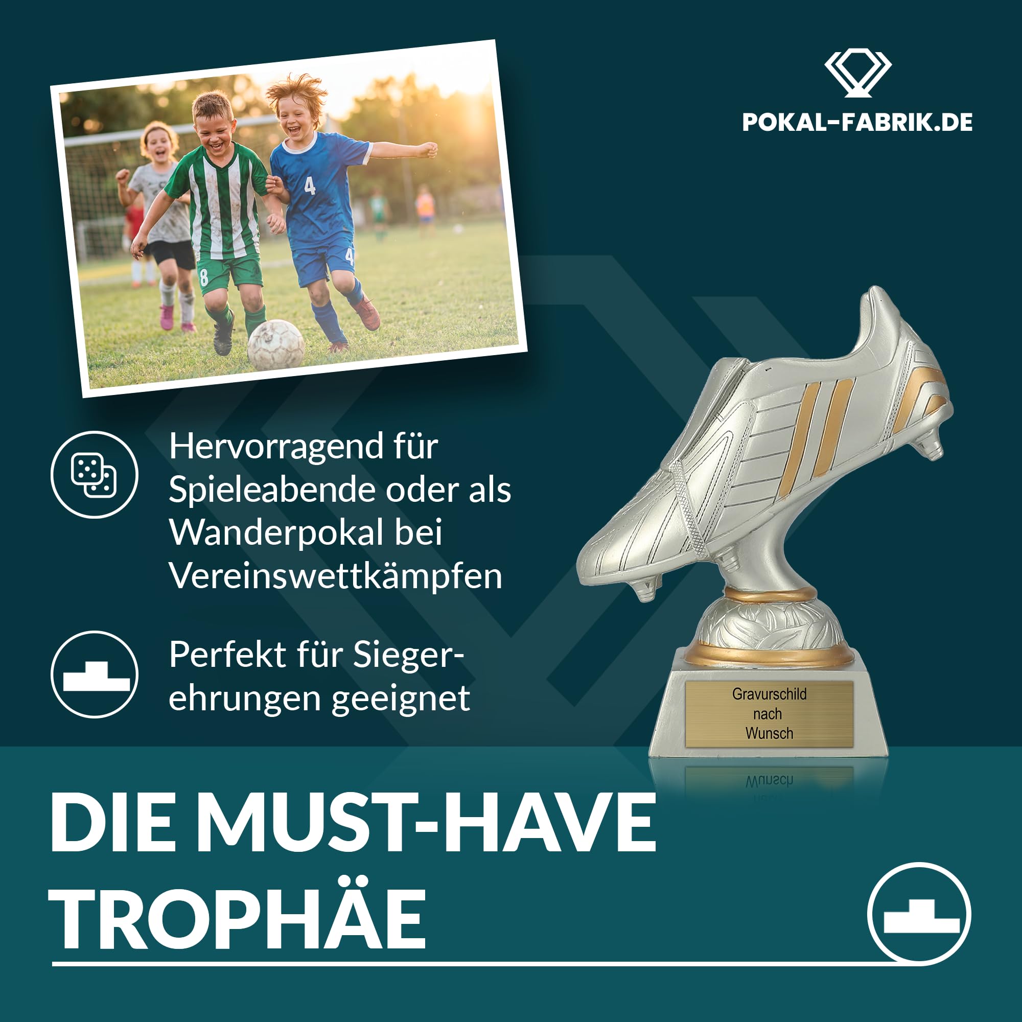 Pokal-Fabrik - Pokal mit Gravur Wunschtext - 17 cm Resin Gold/Silber Sportfigur Fussball-Schuh – Geschenk-Trophäe für Fußball WM, Sport Events & Wanderpokal - Torschütze