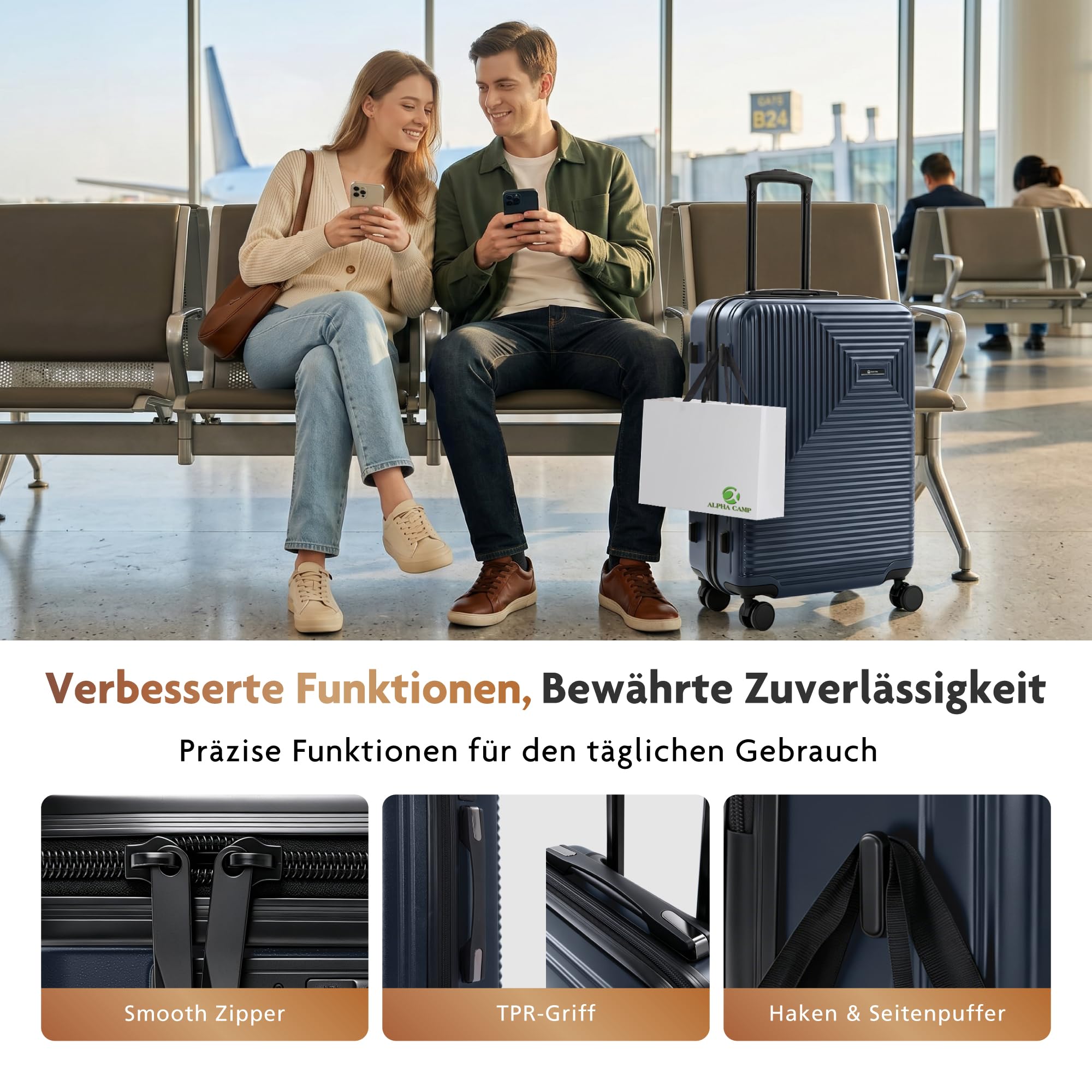 ALPHA CAMP Polycarbonat Koffer L Hartschalenkoffer Reisekoffer mit Rollen | koffer mittel hartschale leicht reißverschluss rollkoffer koffer&trolleys suitcase luggage für reise mit tsa schloss blau