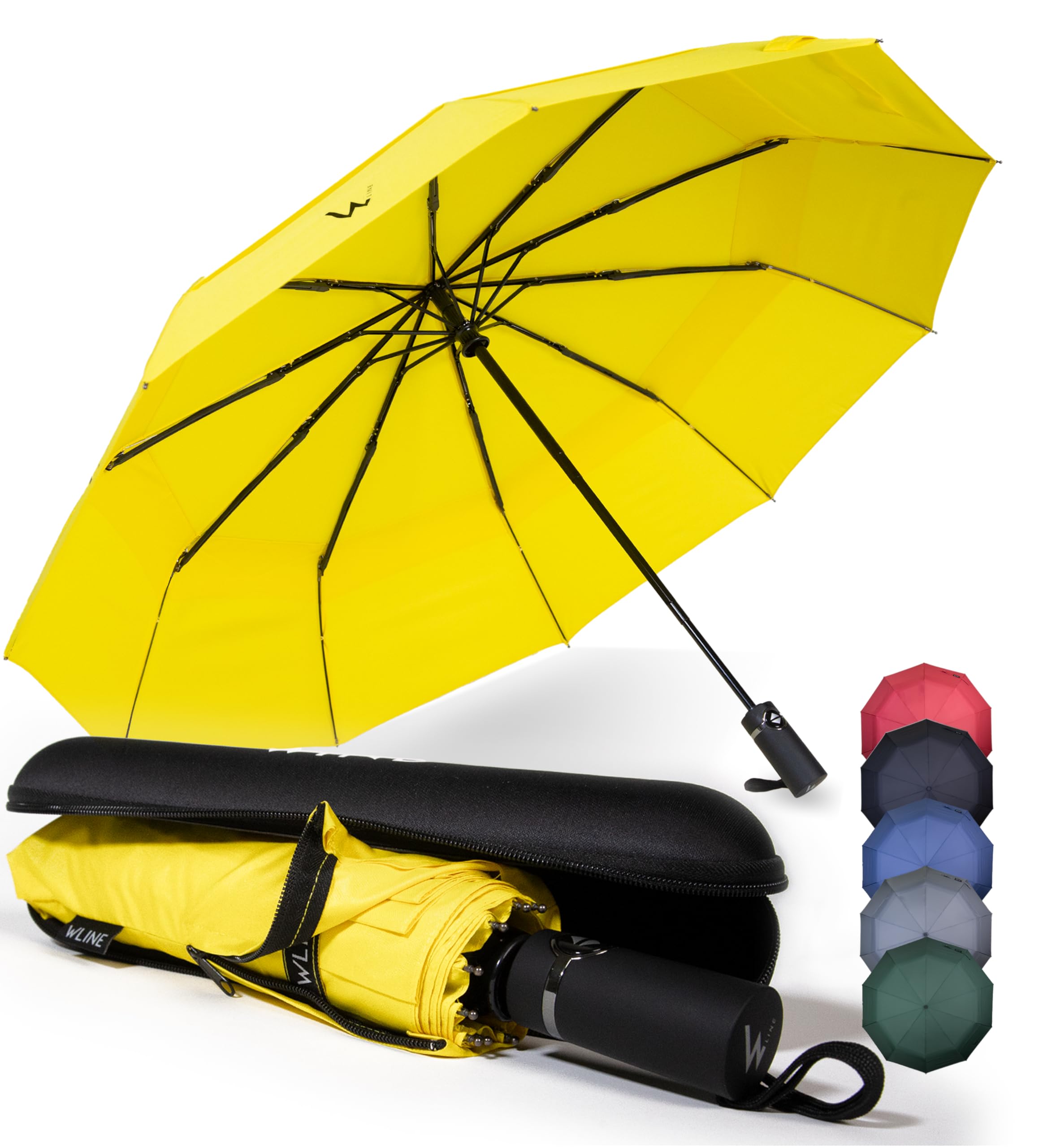 WLine Wind Ombrello Pieghevole Antivento da Pioggia con Apertura e Chiusura Automatica, Stoffa Teflon, Struttura Ultraresistente, Diametro 104cm (Giallo con Custodia)
