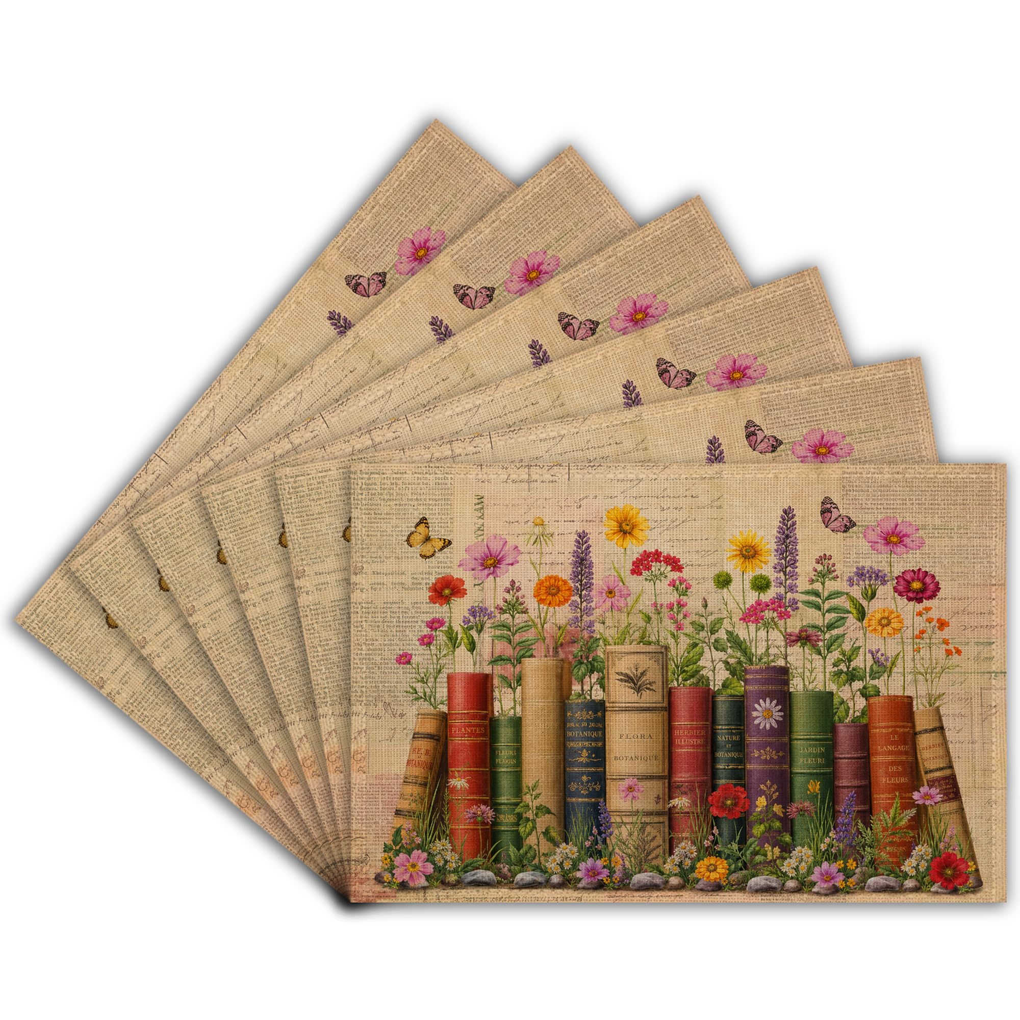 Book Floral Brown Linen Placemats Set of 6, Table Place Mats Washable, Non Slip Dining Mats for Kitchen Holiday Party, 45 x 30 cm