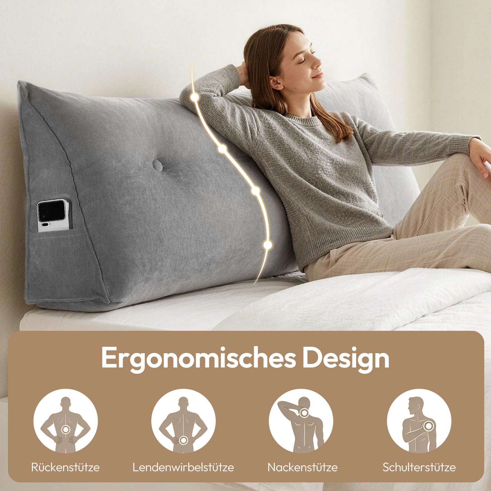 Treeboy Keilkissen Wandkissen Bett Kopfteil Bezug Sofakissen Rückenkissen | Lesekissen Für Bett Und Sofa Matratzenkeil Couchkissen Lumbalstütze Wedge Pillow Mit Seitentasche, Grau, 90 * 50 * 20cm