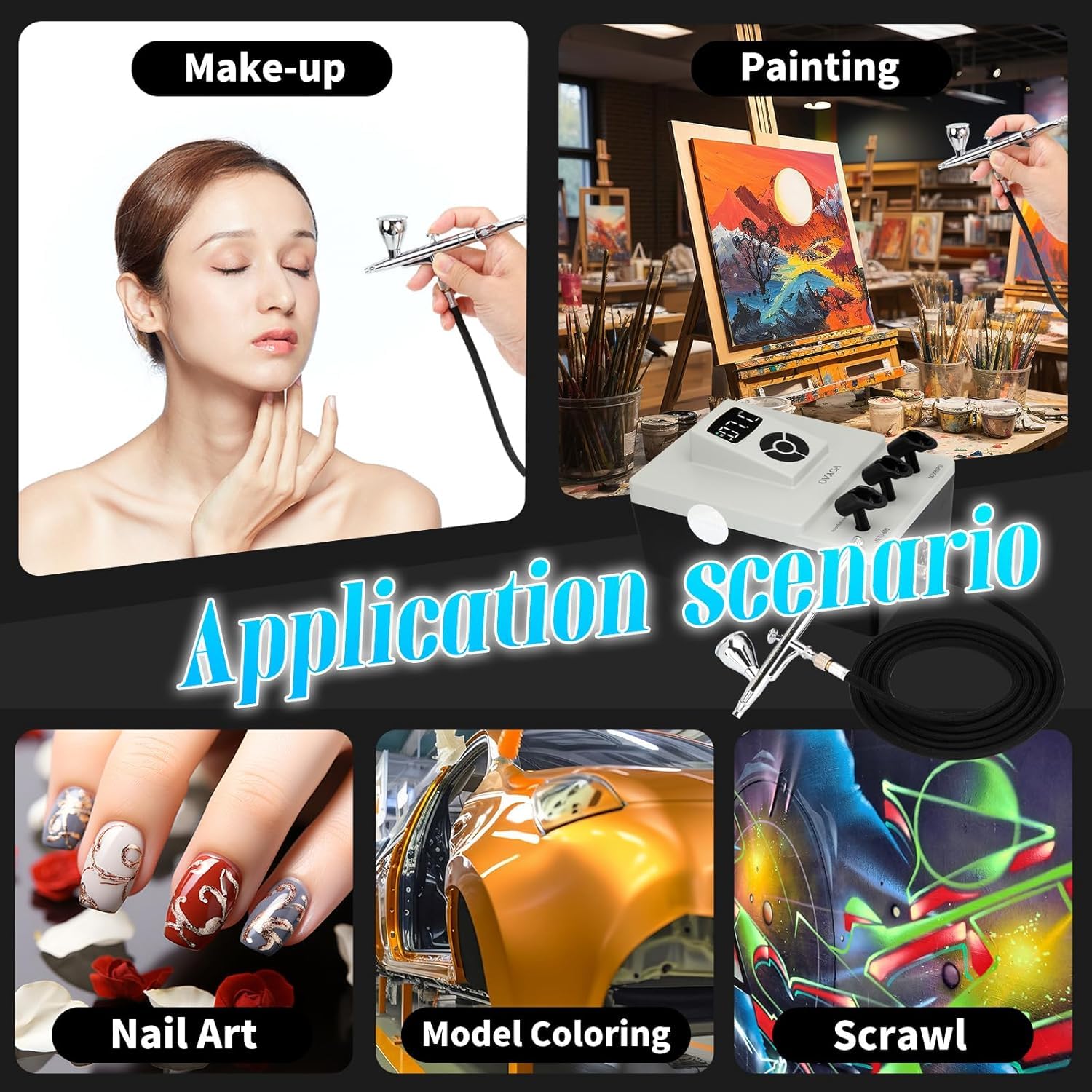 Kit de Sistema de Aerógrafo Profesional Ultra Silencioso de 85 PSI, Juego de Aerógrafo Multifunción de Doble Acción con Compresor para Pintura, Decoración de Pasteles, Maquillaje, Arte