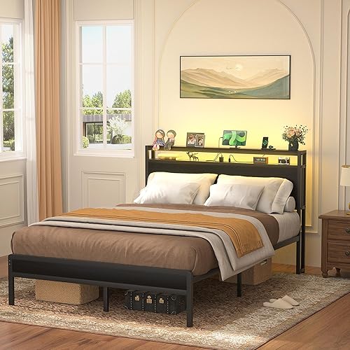 Miniatura 2 de Homieasy Marco de cama negro tamaño matrimonial con cabecero, marcos de cama de metal con estación de carga y luces LED, marco de cama de plataforma