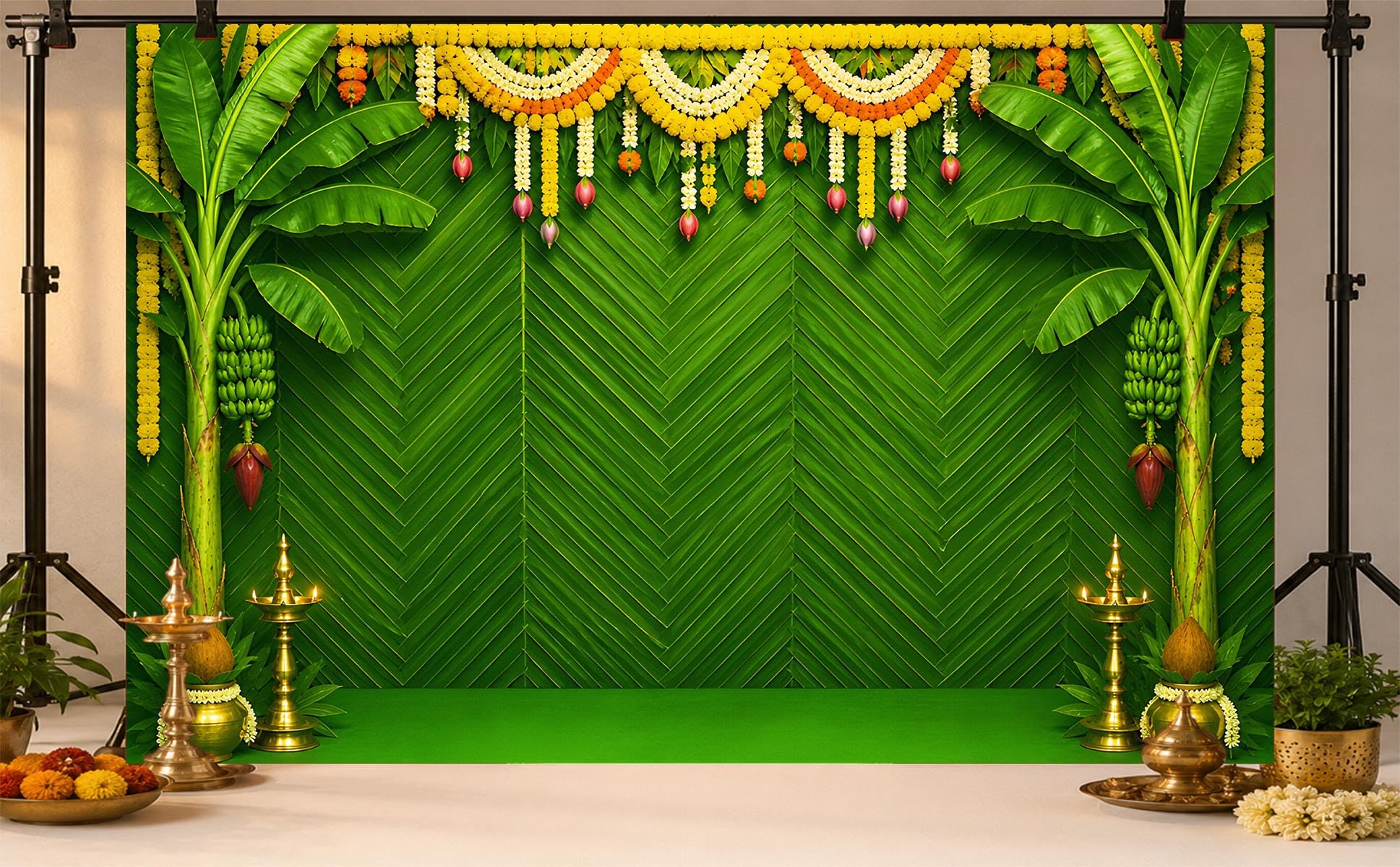 Banana Leaf Backdrop Tropical Green Pooja Background with Banana Trees, Marigold Garland & Brass Diya Decor for Housewarming Griha Pravesh Wedding Annaprashan & Hindu Festival Decorations-picture-25
