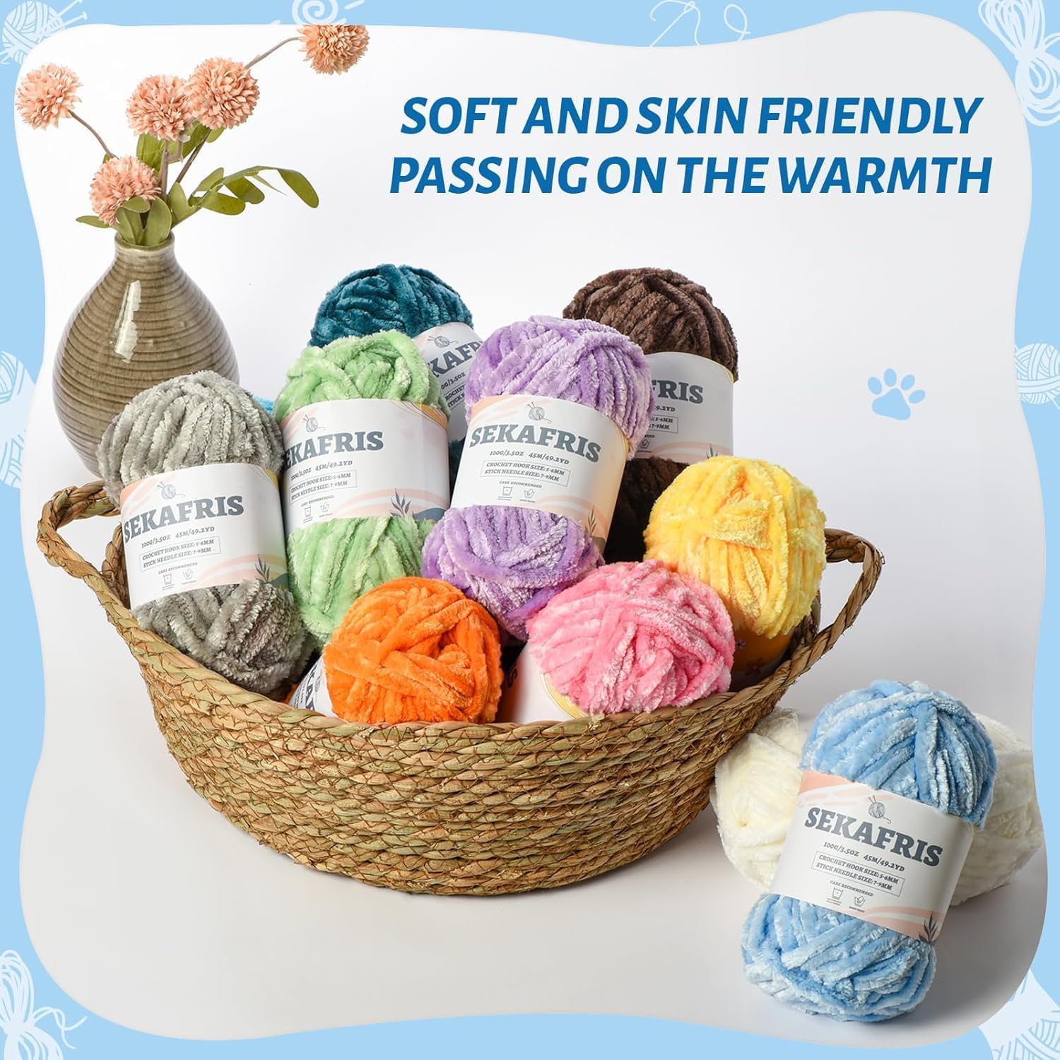 12 Pack 590 yds Chunky Chenille Yarn for Crocheting and Hand Knitting with Black Red White Green Orange Blue Plush Velvet Yarn，Baby Blanket Yarn for Crocheting Soft Amigurumi Yarn D