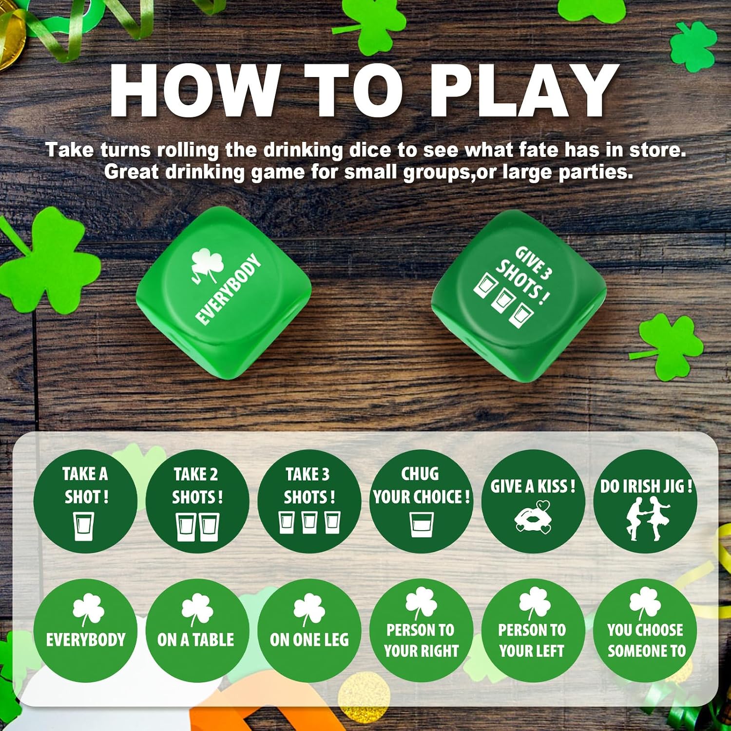 MiniInflat Irish Party Decision Dice Game Favors with Green Irish Bag St. Patrick's Day Gifts Shamrock Wooden Decision Dice for Adult Wedding Graduation Game Party, 3 Pcs