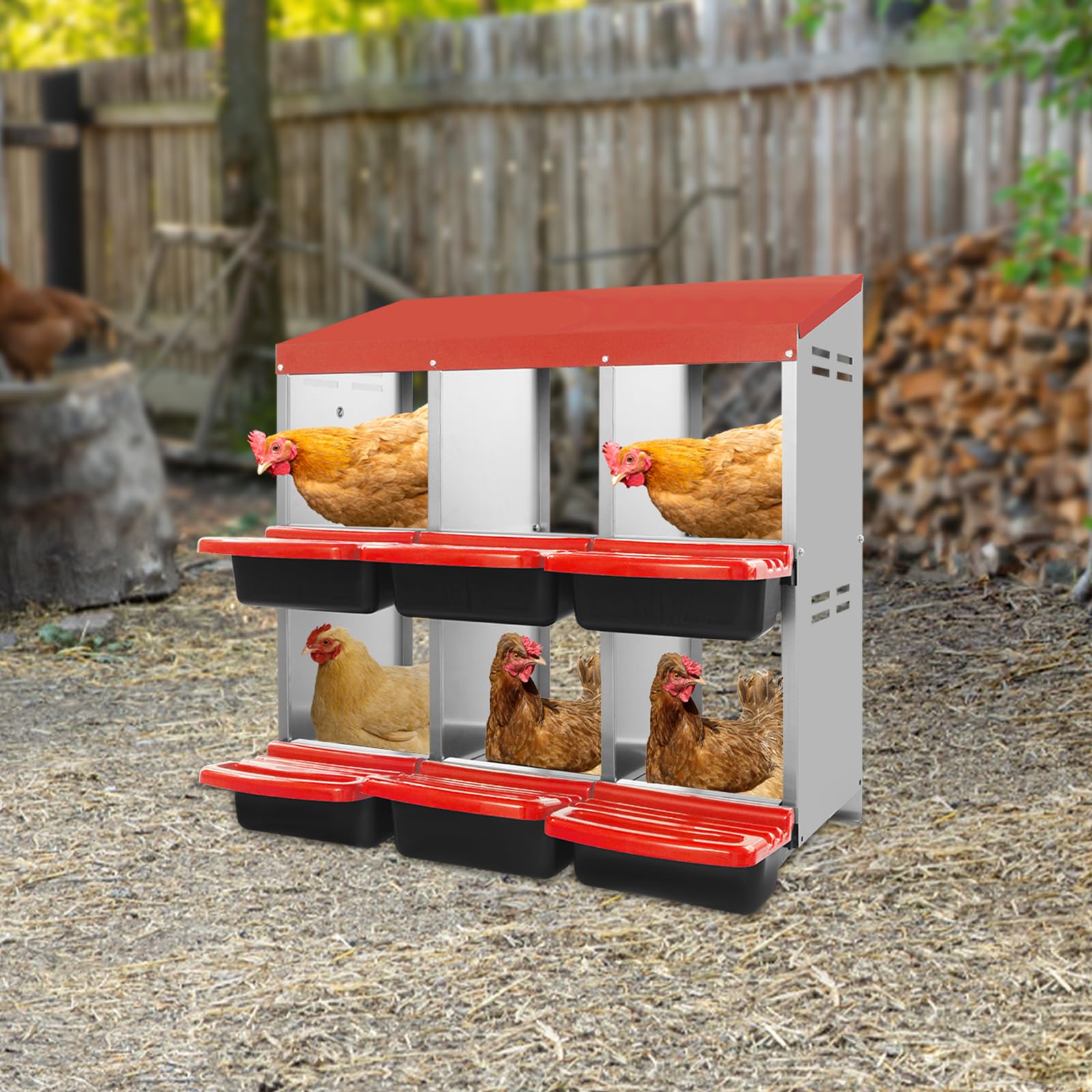 Nido de puesta para pollos, 6 compartimentos, nido de pollo, caja de metal, con compartimento de almacenamiento automático, 81 x 52 x 79 cm, ventilado, color rojo