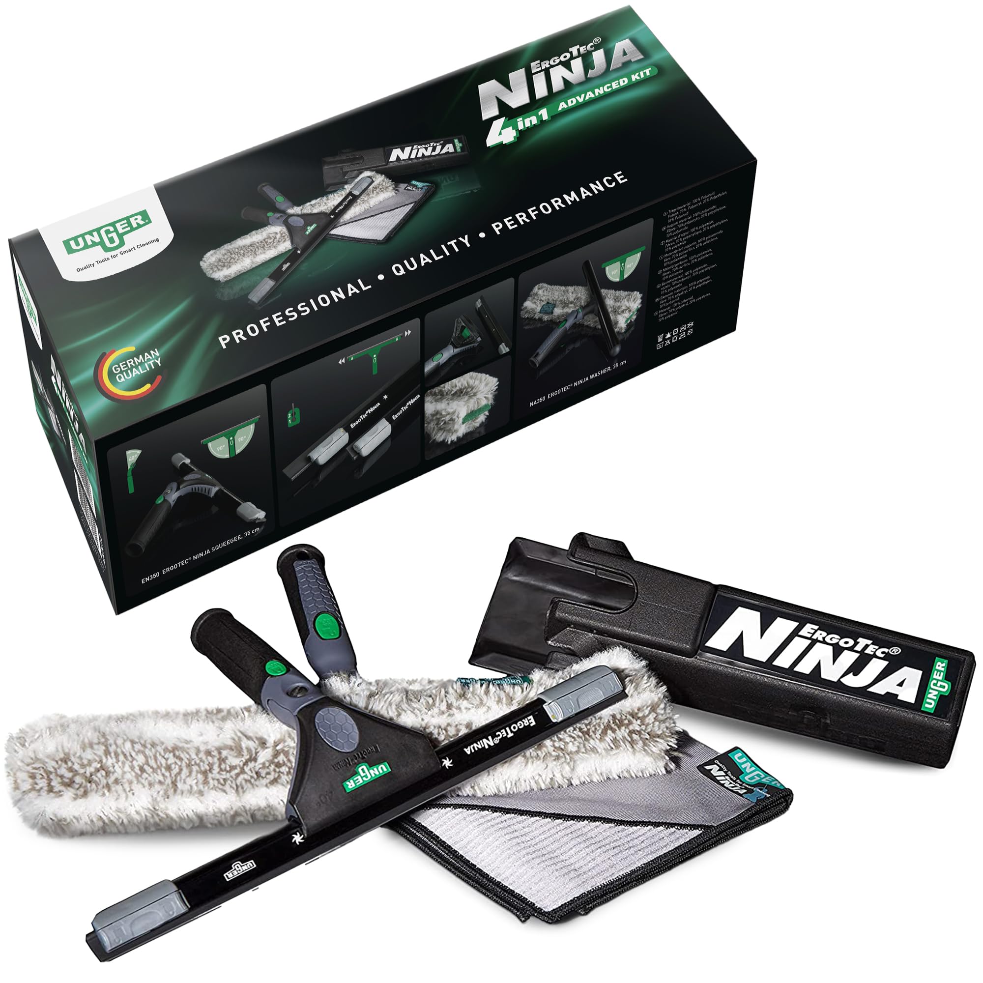 Unger ErgoTec NINJA 4-in-1 Advanced Window Cleaning Kit – Window Squeegee, Window Washer, Bucket & Microfibre Cloth – Indoor & Outdoor Professional Equipment, 6x18, Green — image 1