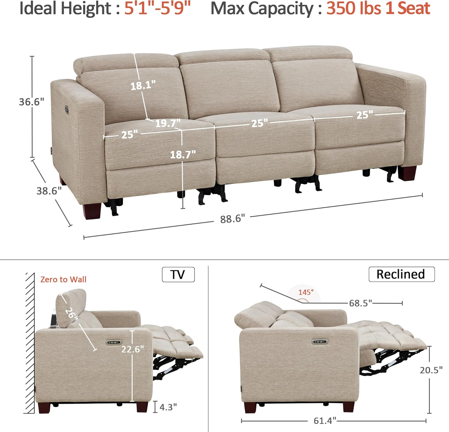 MCombo 88.6'' Reclining Sofa, Wall Hugger Power Recliner Sofa with Adjustable Headrest, USB A & C Charge Ports, Wood Legs, for Living Room (Fabric, HL198M3) (Beige, 3-Seater)