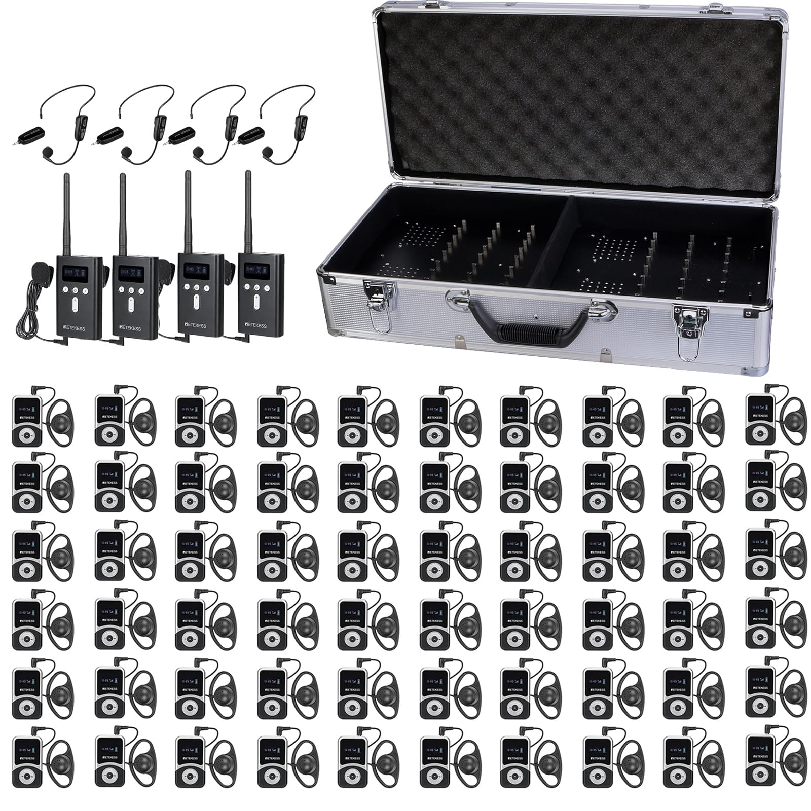Retekess T130S Tour Guide System, Church Translation System Wide Range,One-Button Pairing, with 4 Wireless Mic, Tour Guide Microphone and Speaker for School (Case of 4 Transmitter 60 Receivers)