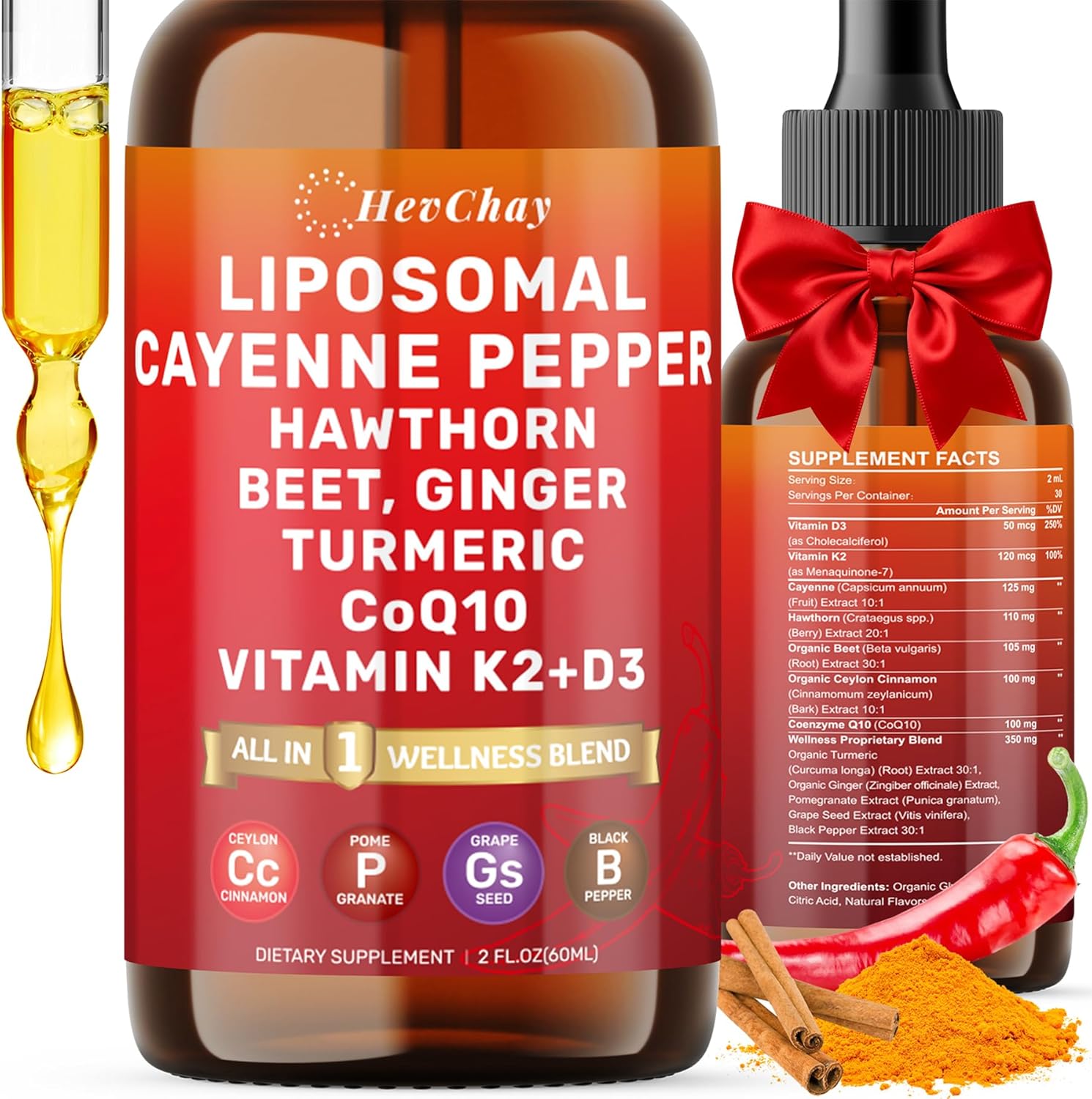 Cayenne Pepper Drops Liposomal Supplement Liquid + Hawthorn Berry, Vitamin D3 K2 Beet Root Powder, Ceylon Cinnamon, CoQ10, Turmeric Curcumin, Cayenne Pepper Extract - 2oz