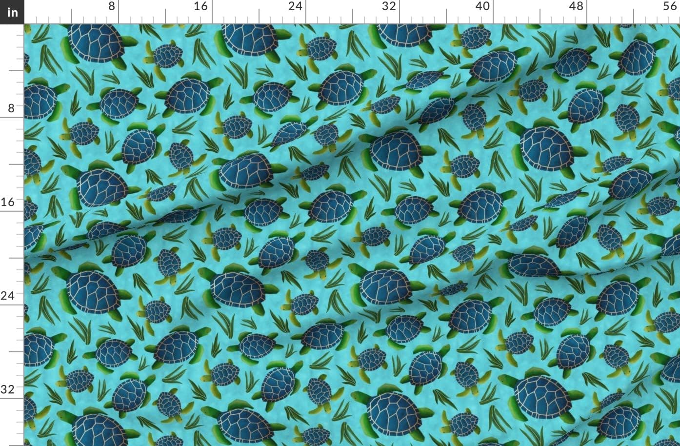 Spoonflower Fabric - Sea Turtles Blue Ocean Seaweed Turquoise Turtle Printed on Organic Cotton Sateen Fabric by The Yard - Sewing Quilting Apparel Home Decor