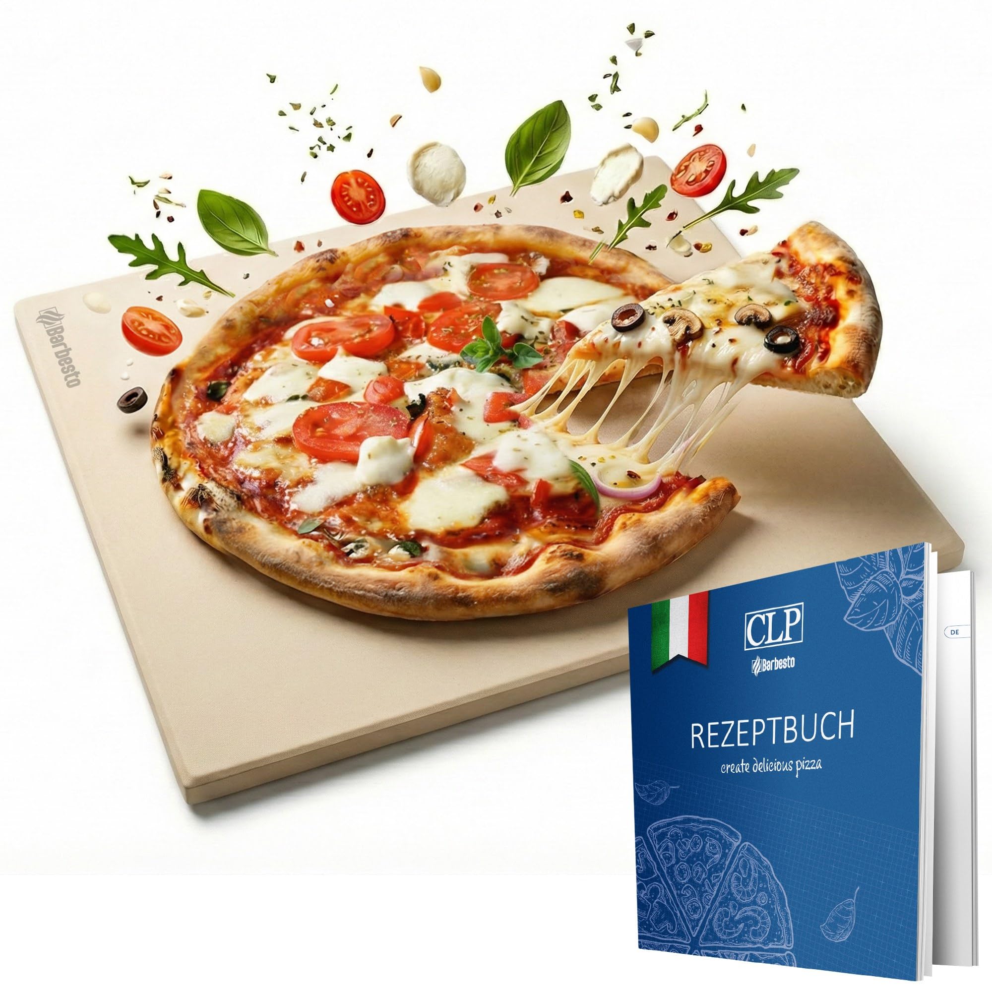 CLP Pierre à pizza pour four et grill 38x30 cm, en cordiérite, résistante jusqu'à 900°C, avec livre de recettes, Taille:38x30 cm