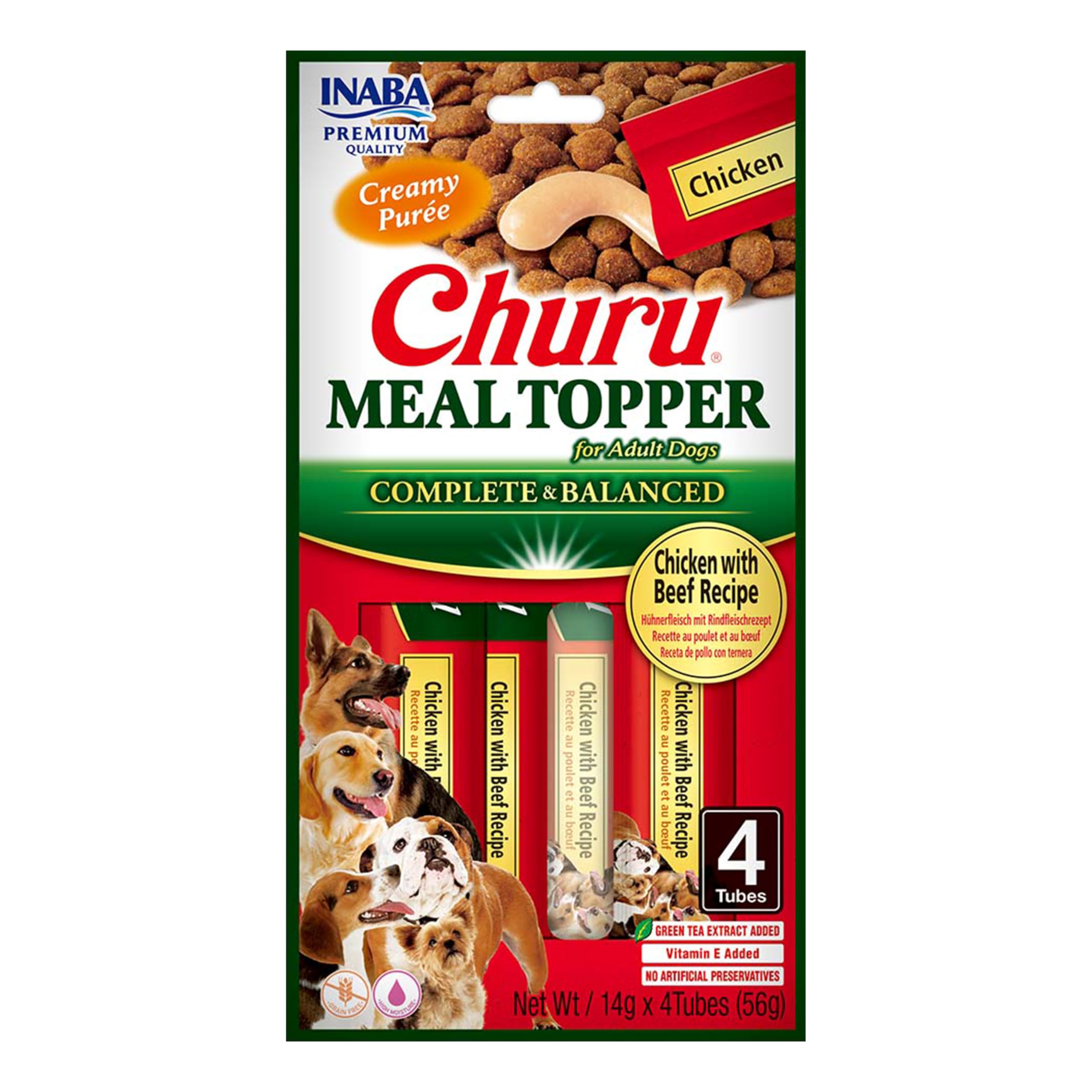 Churu Meal Toppers by INABA Dog Treat - Chicken with Beef Recipe (4 x 14g) / Soft & Creamy, Delicious & Healthy Purée Food Topper, Natural, Grain Free