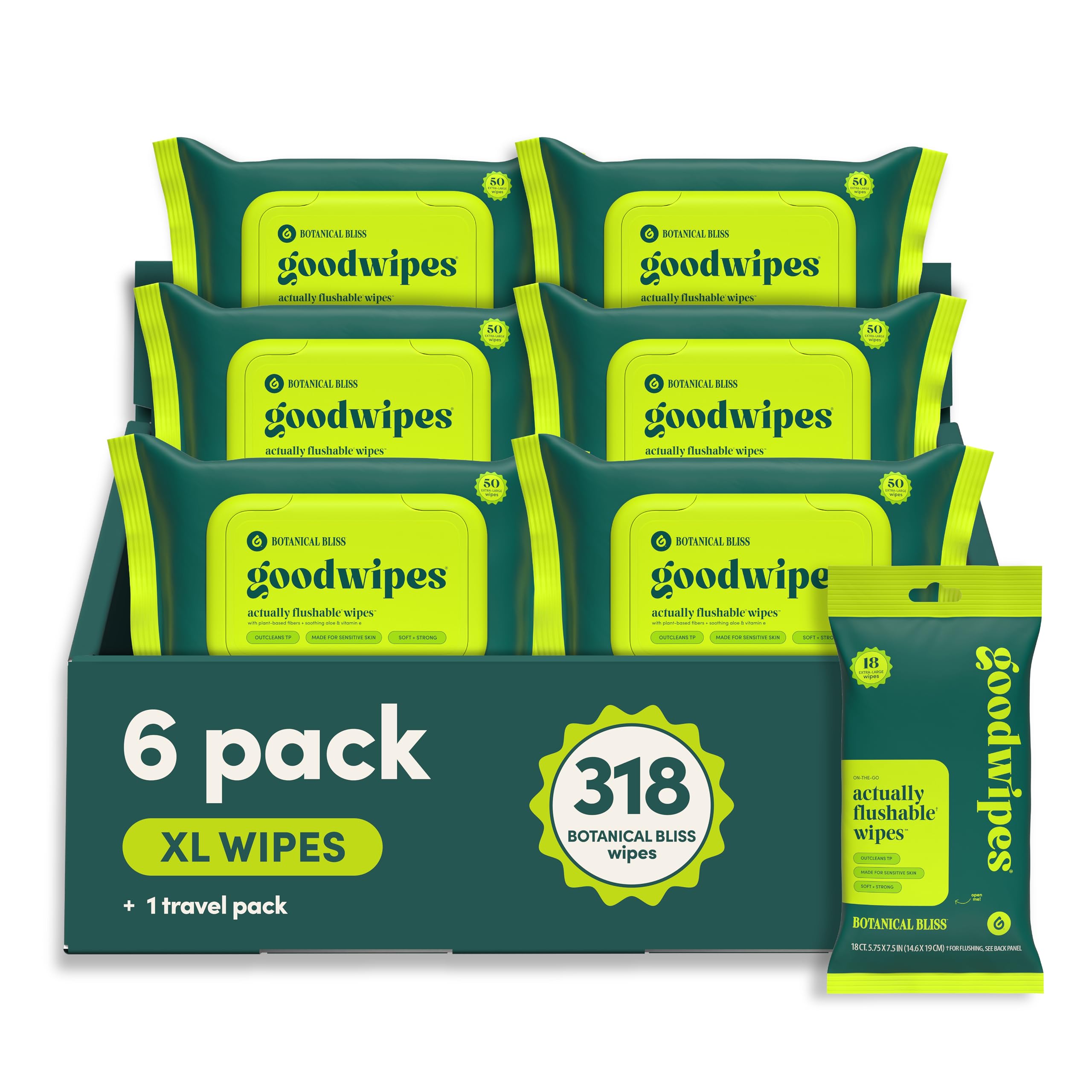 goodwipes Flushable Wipes for Adults - Botanical Bliss Butt Wipes for Women & Men, Septic Safe, Toilet & Bathroom Essentials, Extra Large, 318 Count (6 Packs and 1 Travel Pack)