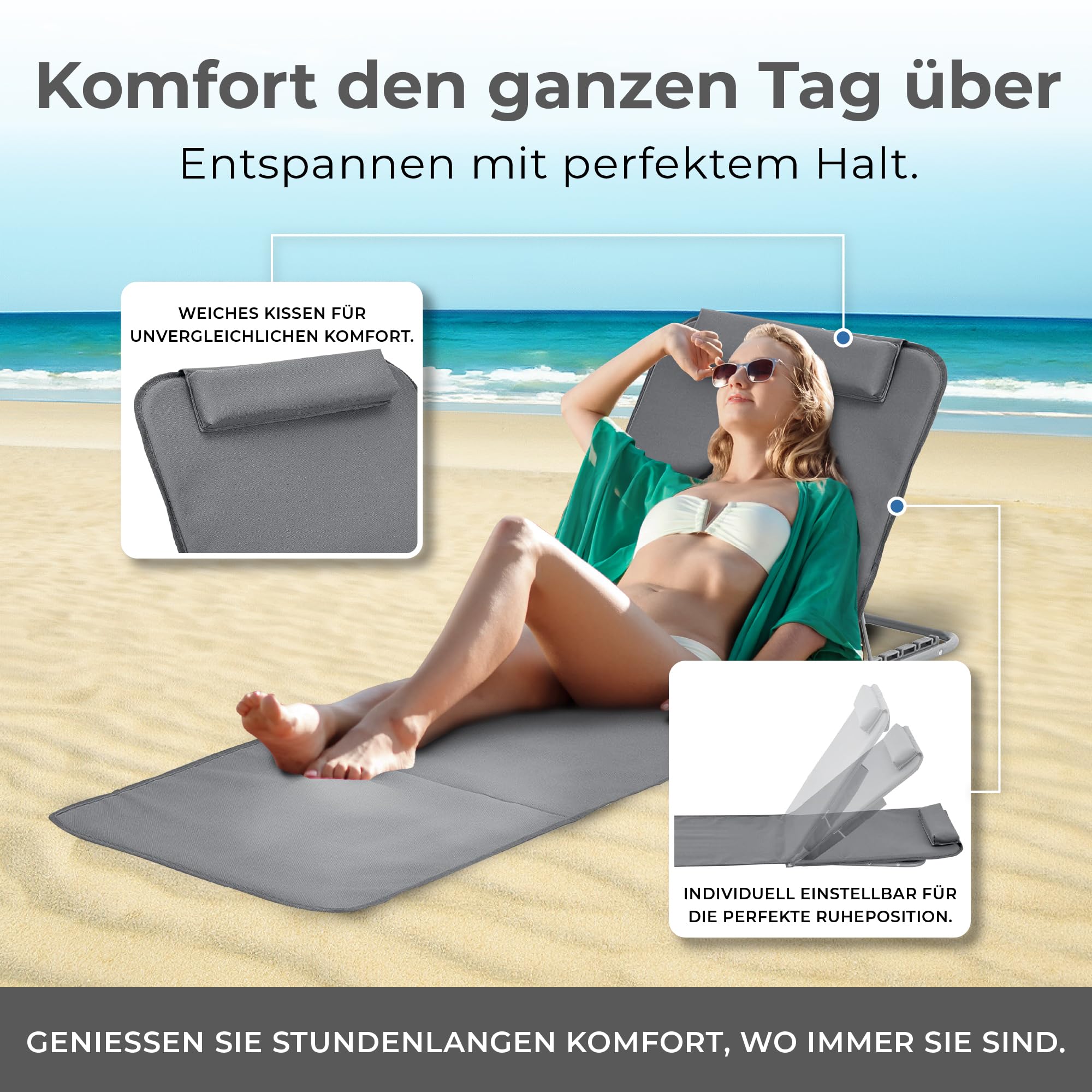 [en.casa] Strandmatte Donostia 2er Set Sonnenmatte klappbar Dunkelgrau Strandliege mit Verstellbarer Rückenlehne Liegematte mit Tragetasche 143 x 48 cm