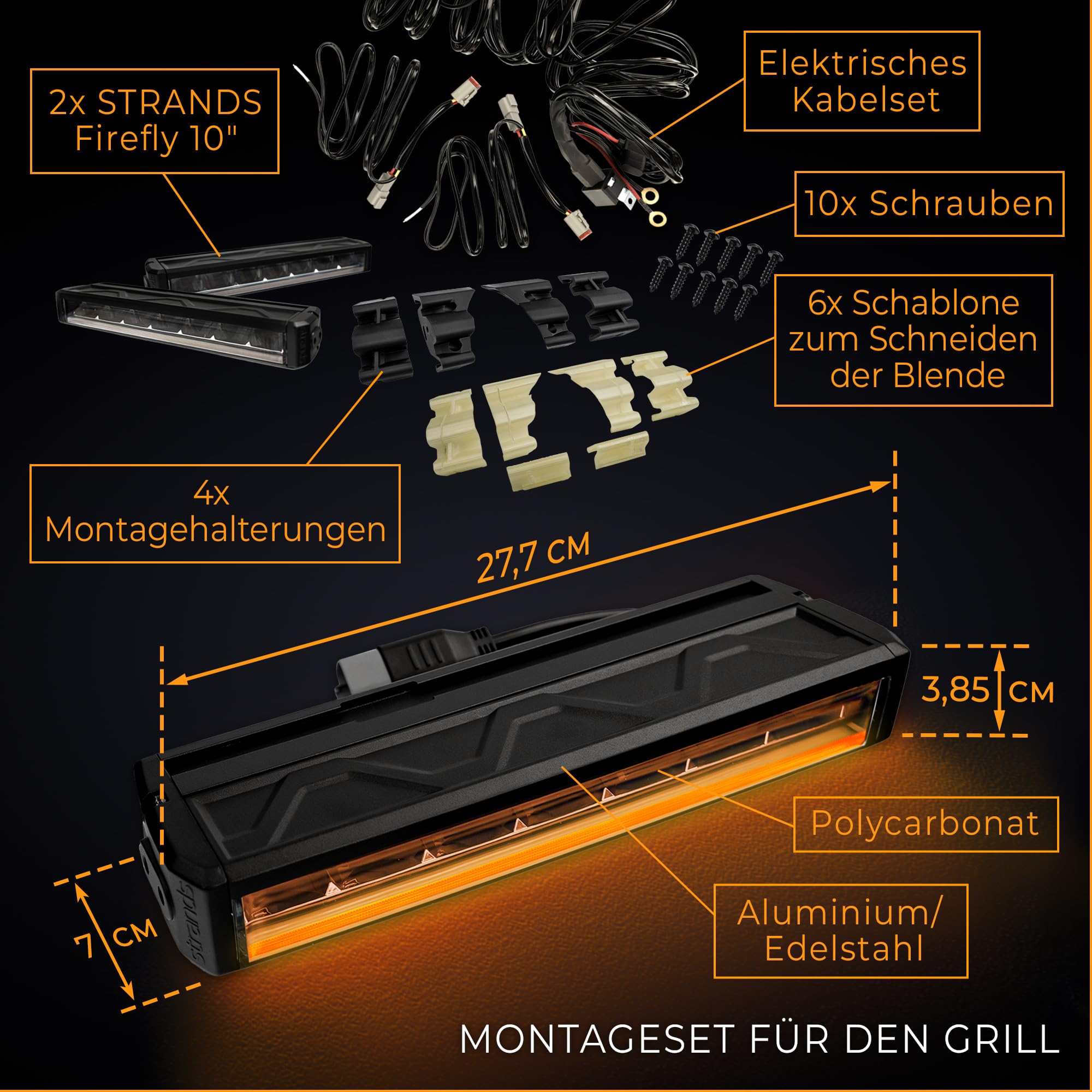 CHROMEMASTER | LED-Lampen im Fahrzeuggrill Kompatibel mit Volkswagen Multivan T6 2015-2019; 2x LED BAR Tagfahrlicht Strands Firefly 10’’, IP68, DT4-Stecker, E-Zulassung, 12-24V DC; 3 Leuchtmodi