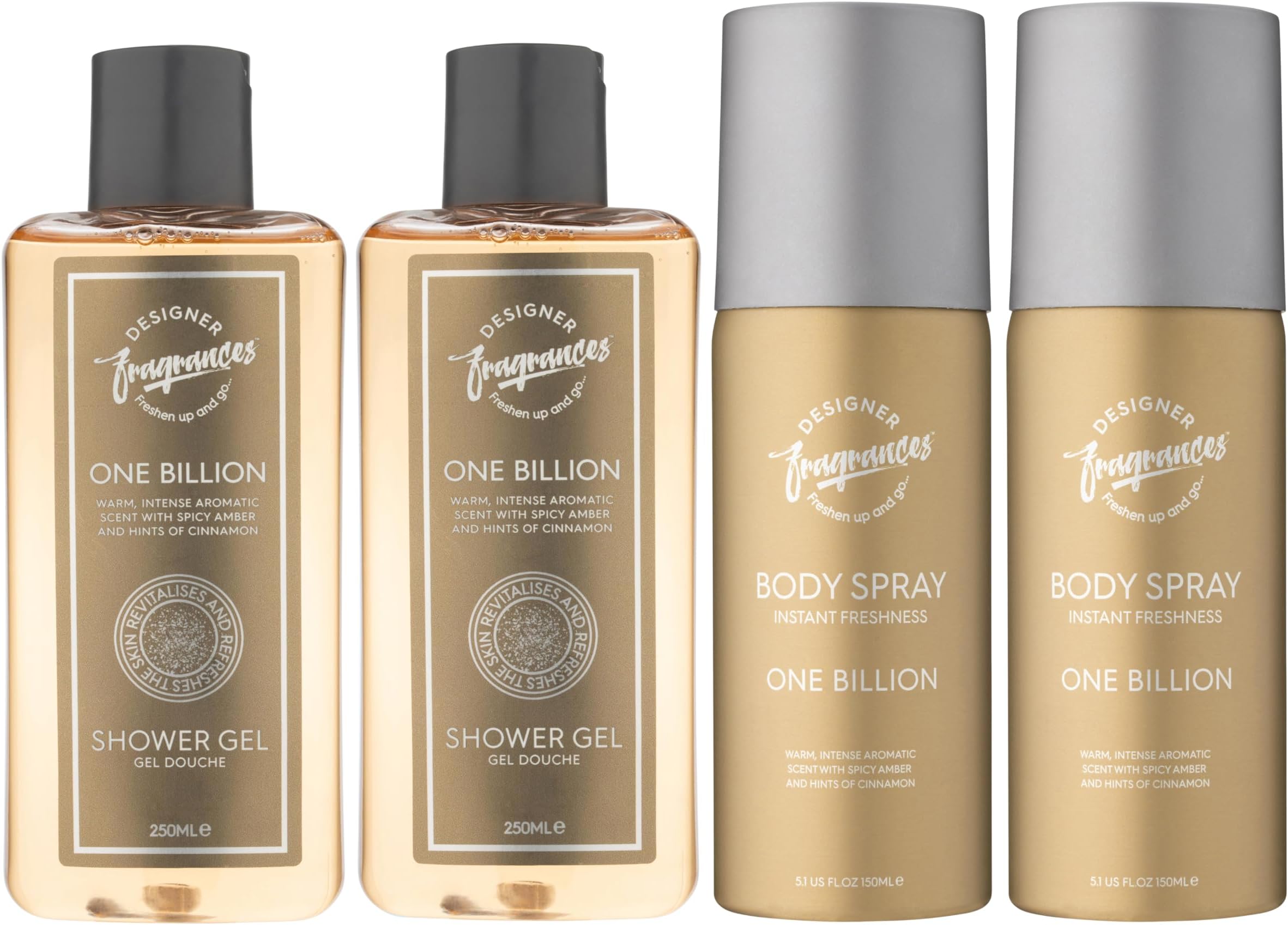 Designer Fragrances One Billion Men's Bundle - Each Package Includes 2 x 150ml Body Spray Deodorant Cans - 2 x 250ml Shower Gels - For Instant Freshness - Long Lasting Smell - Great Male Gift Sets