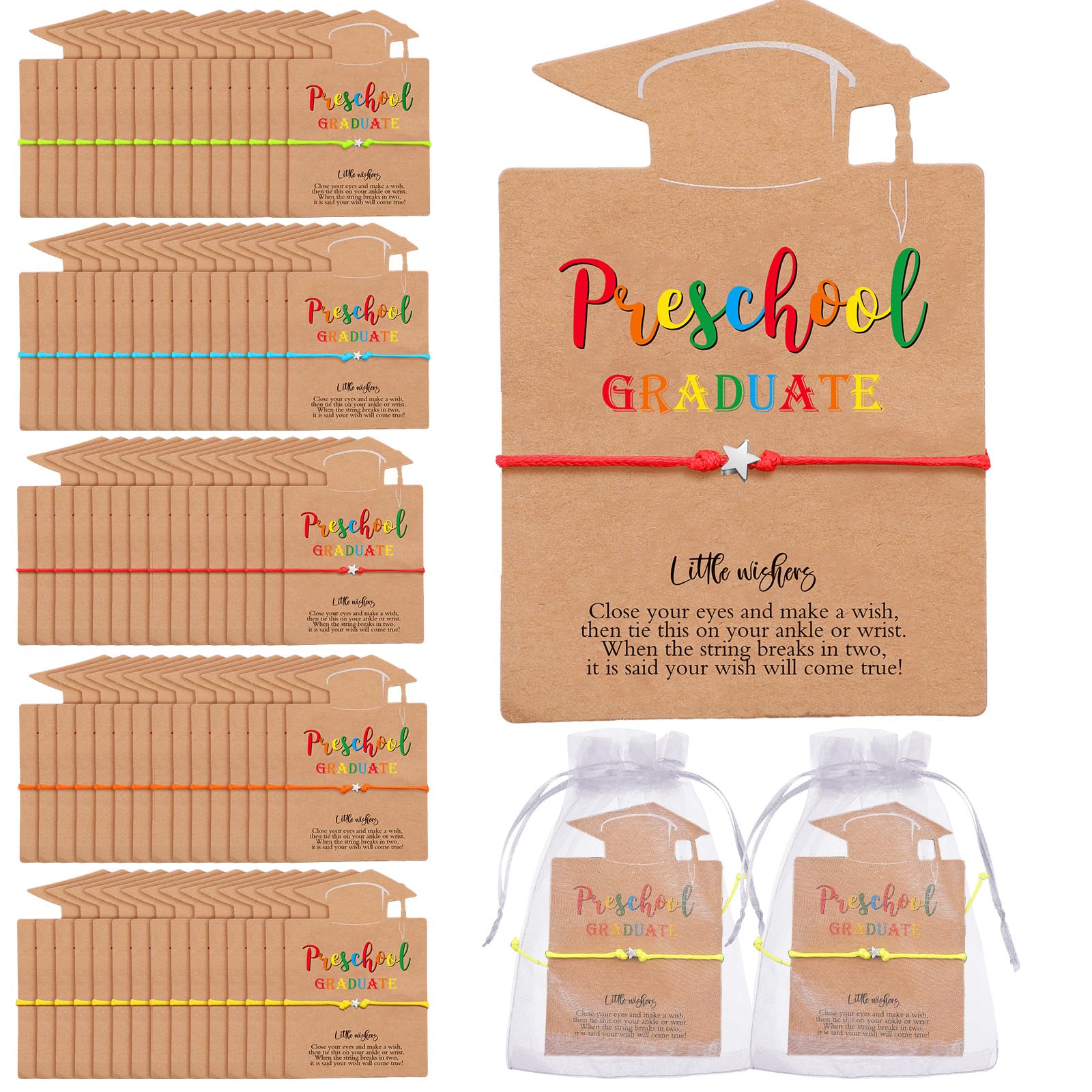 Siifert 40 Set Preschool Kindergarten Graduation Gift Set Class of 2026 End of The School Year Gift Make a Wish Adjustable Graduation Star Bracelet with Card Preschool Kindergarten Party Favor