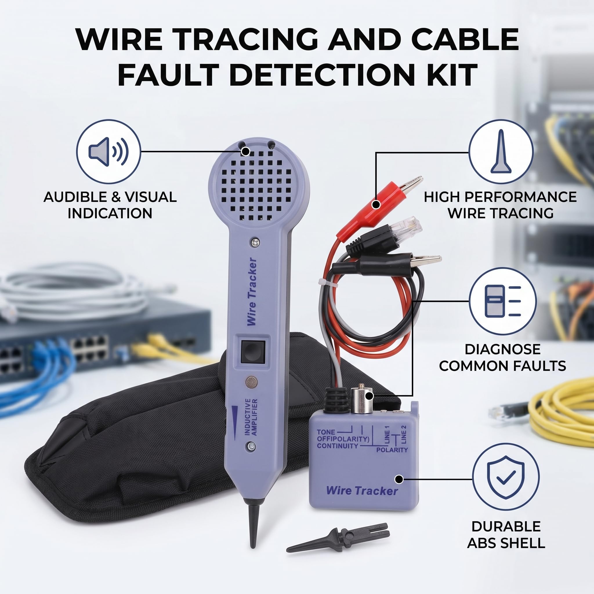 Kit de Testeur de Traçage de Câbles Réseau Amplificateur à Induction Réglable Audio Détecteur de Toner de Câble Fonctions Principales Haute Performance avec Indication Coque ABS