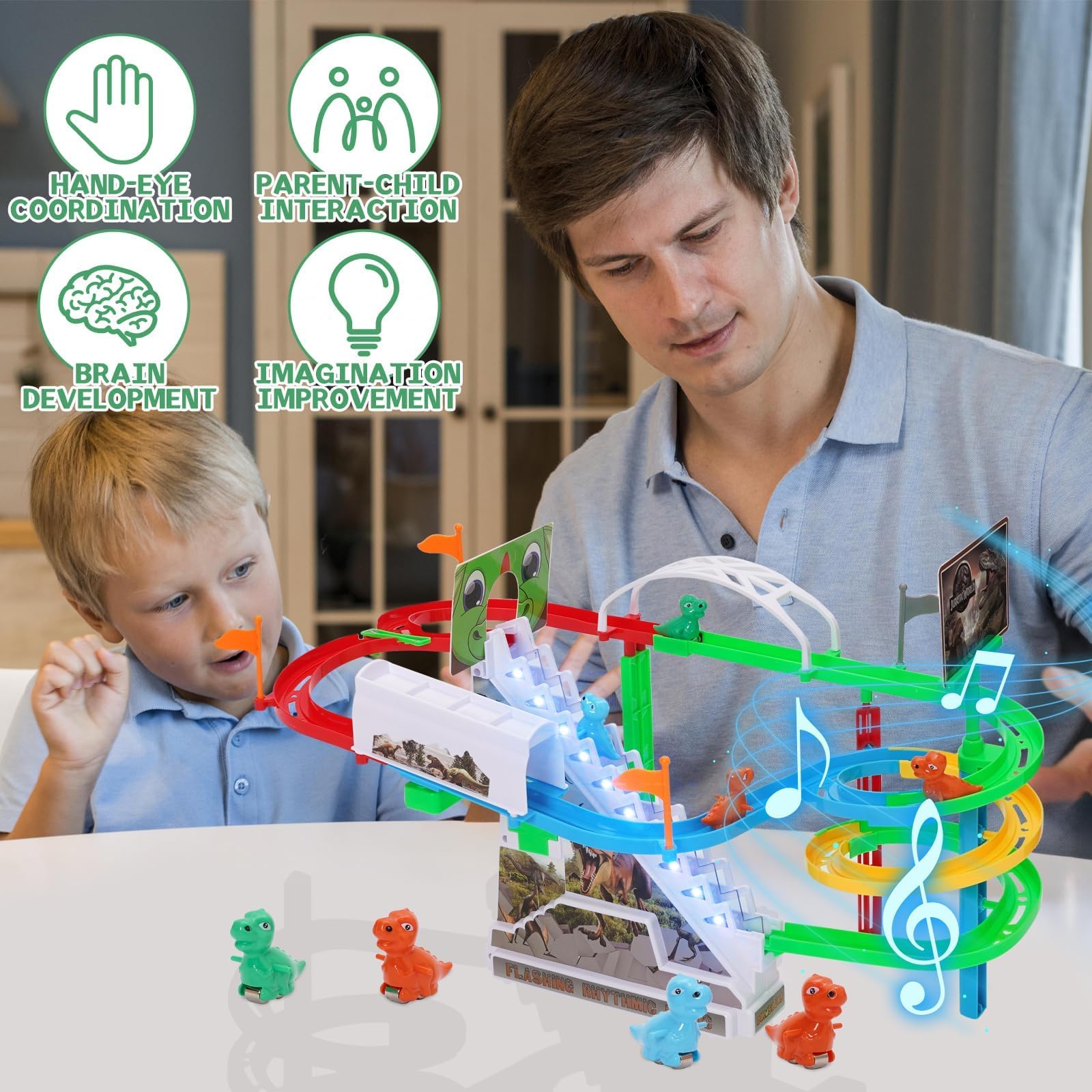Circuit de Course Dinosaure, Escalade Escalier Jouet pour Enfants, Montagnes Russes Jouets avec Musique et Lumière, Toboggan Dinosaur, Puzzles Éducatifs et Jeux pour Garçons et Filles