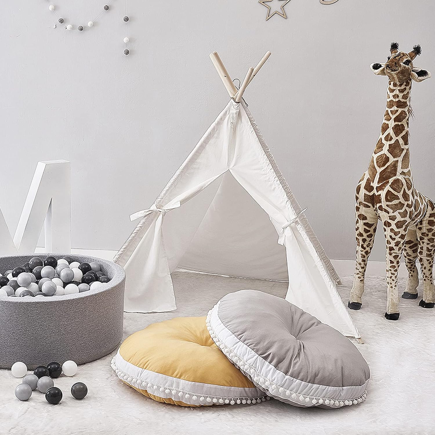 Kids Floor Pillow Cushion Seating Round Large Floor Cushion, Oversized Circle Pillow for Reading Nursery Playroom Teepee Meditation, Soft Big Circular Cushion with Cute Pompom, Yellow 35" : Home & Kitchen