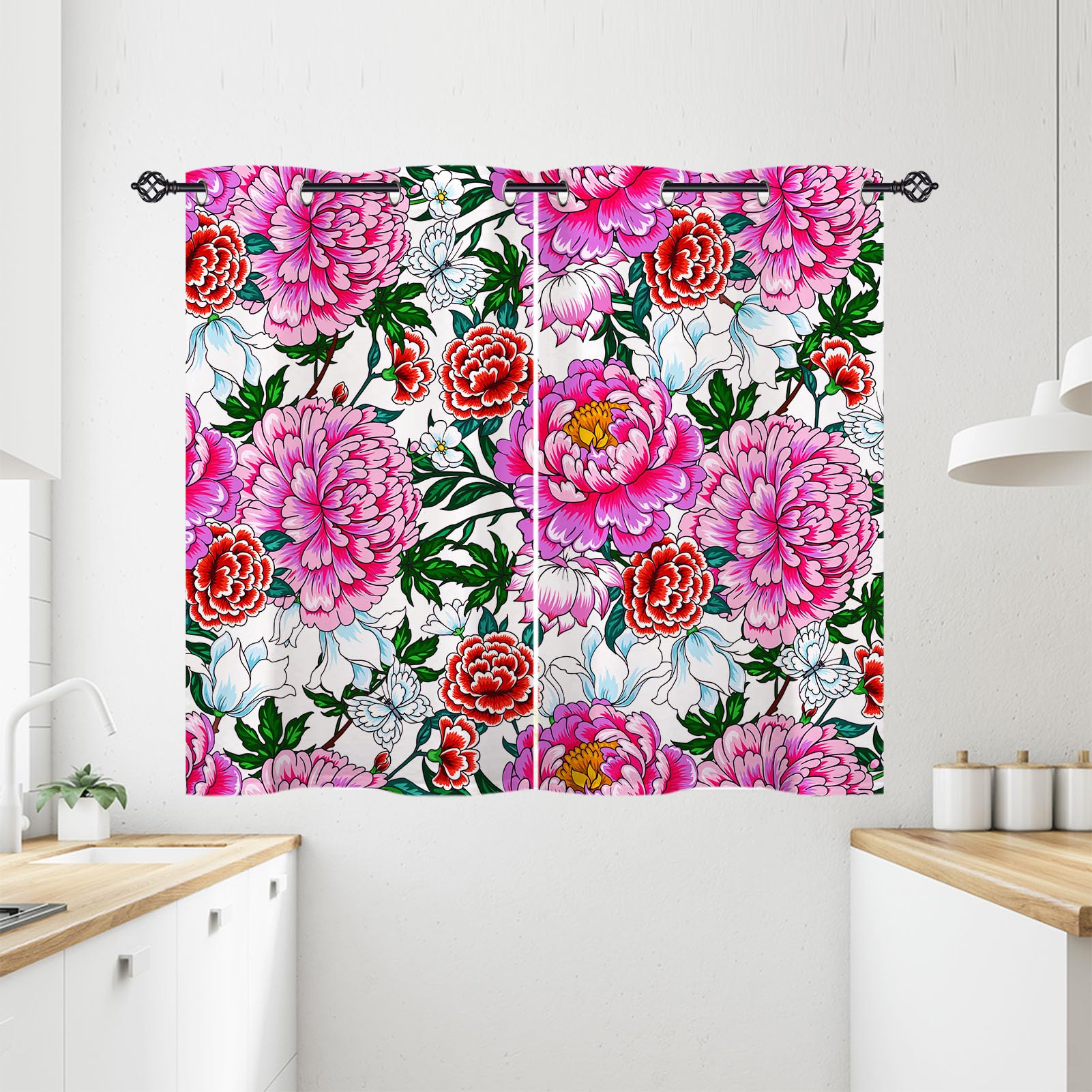 ANHOPE Flower Curtains Eyelet Soft Thermal Insulated Blackout Curtains Chinese Style Floral Print Pattern Ring Top Drapes for Kids Girls Women Bedroom Living Room 28 x 54 Inch Drop 2 Panels