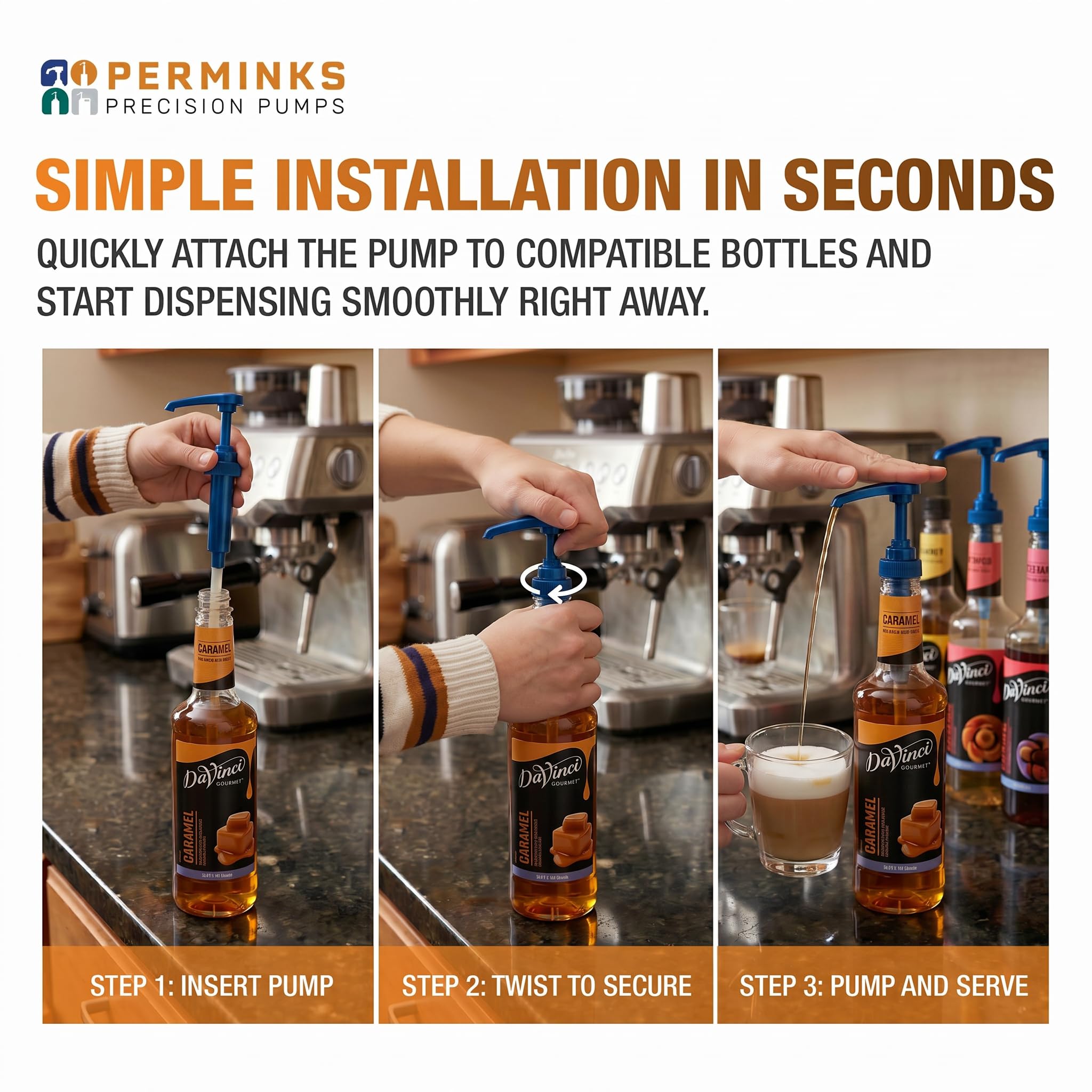 Premium Siruppumpe kompatibel mit Torani 750 ml Flasche, Davinci Sirupe - Kein Verschütten, kein Verstopfen, Sirup Pumpspender für Vanille, Schneekegel, Heidelbeere, Kaffeearoma & mehr (3 Stück, Blau)