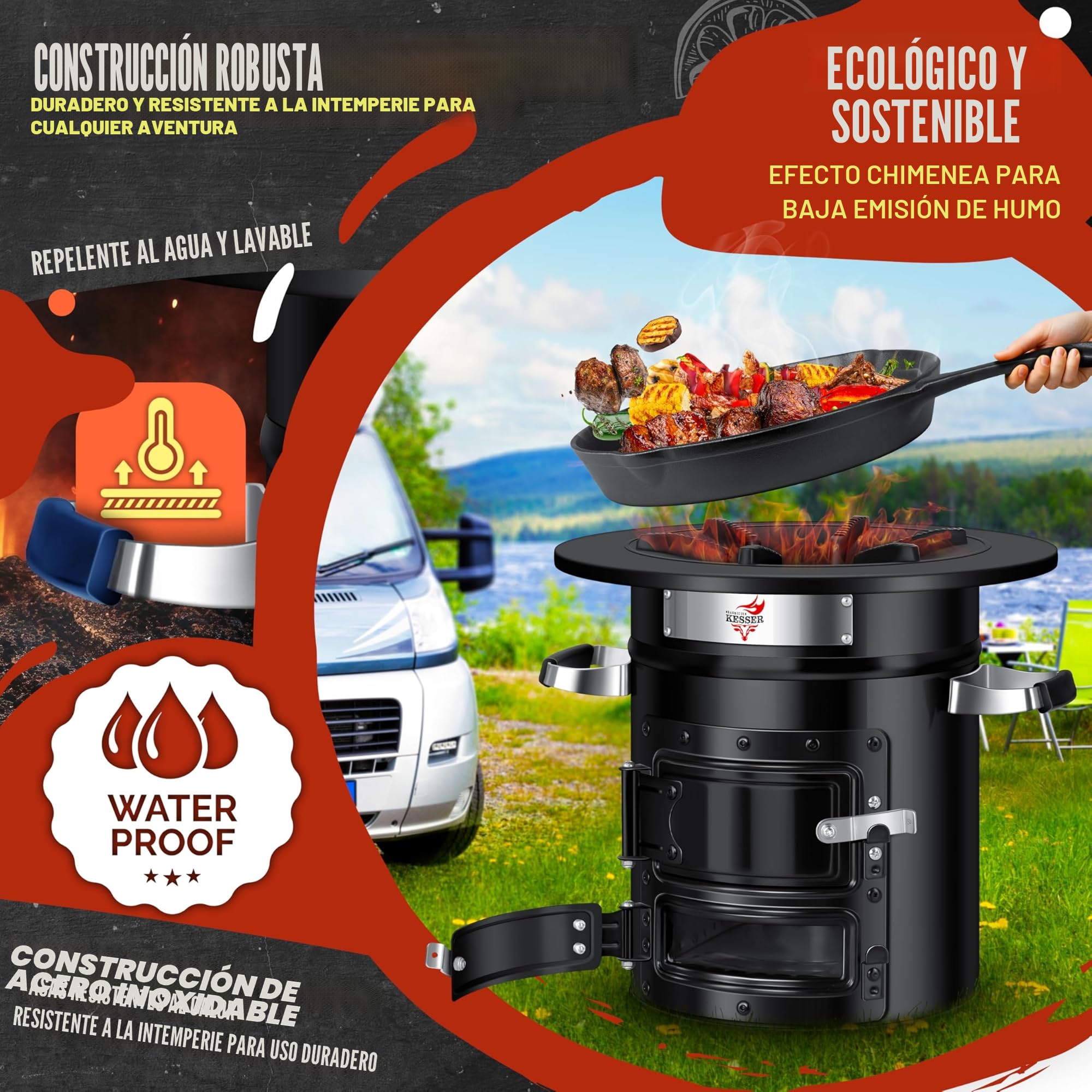 KESSER® Horno de Cohetes Con Sartén de Hierro Fundido, Parrilla, Pinzas y Bolsa de Transporte, Horno Holandés Para Barbacoa, Cohete de Leña, Camping, de Acero Inoxidable