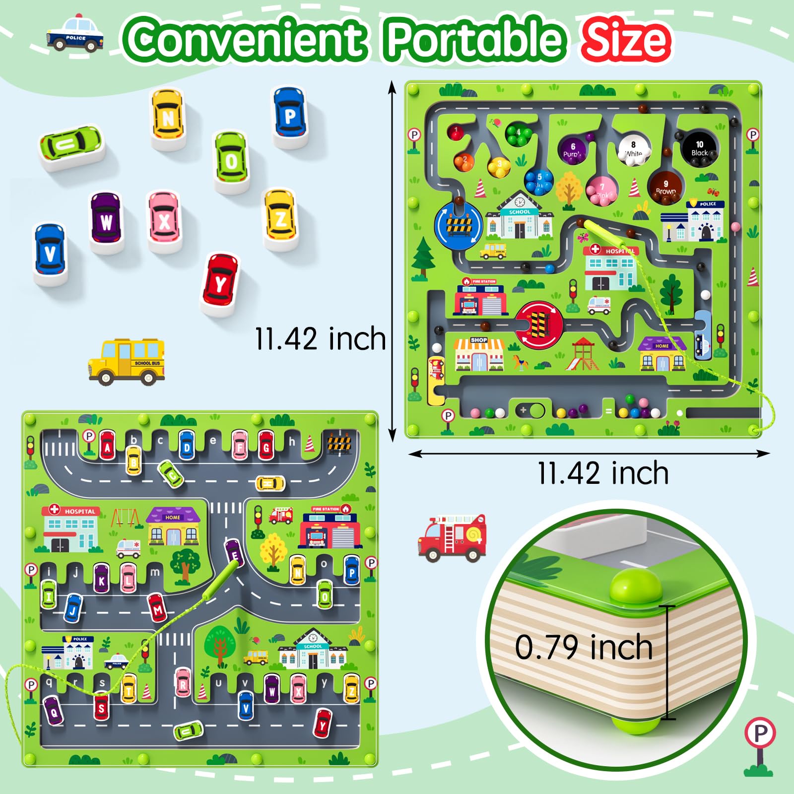 Laberinto magnético 2 en 1 para coche – Tabla de conteo magnético alfabeto – Puzzle de madera de doble cara – Juguete preescolar Montessori (gran coche, talla única)