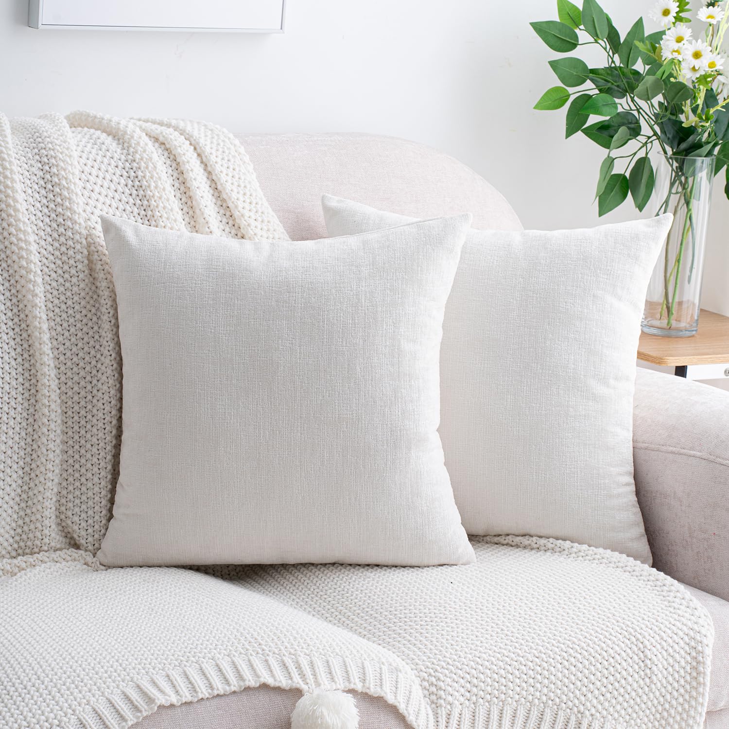 HWY 50 Cream White Couch Pillow Covers 20x20 Inch Pack of 2 Soft Chenille Decorative Throw Pillow Cases
