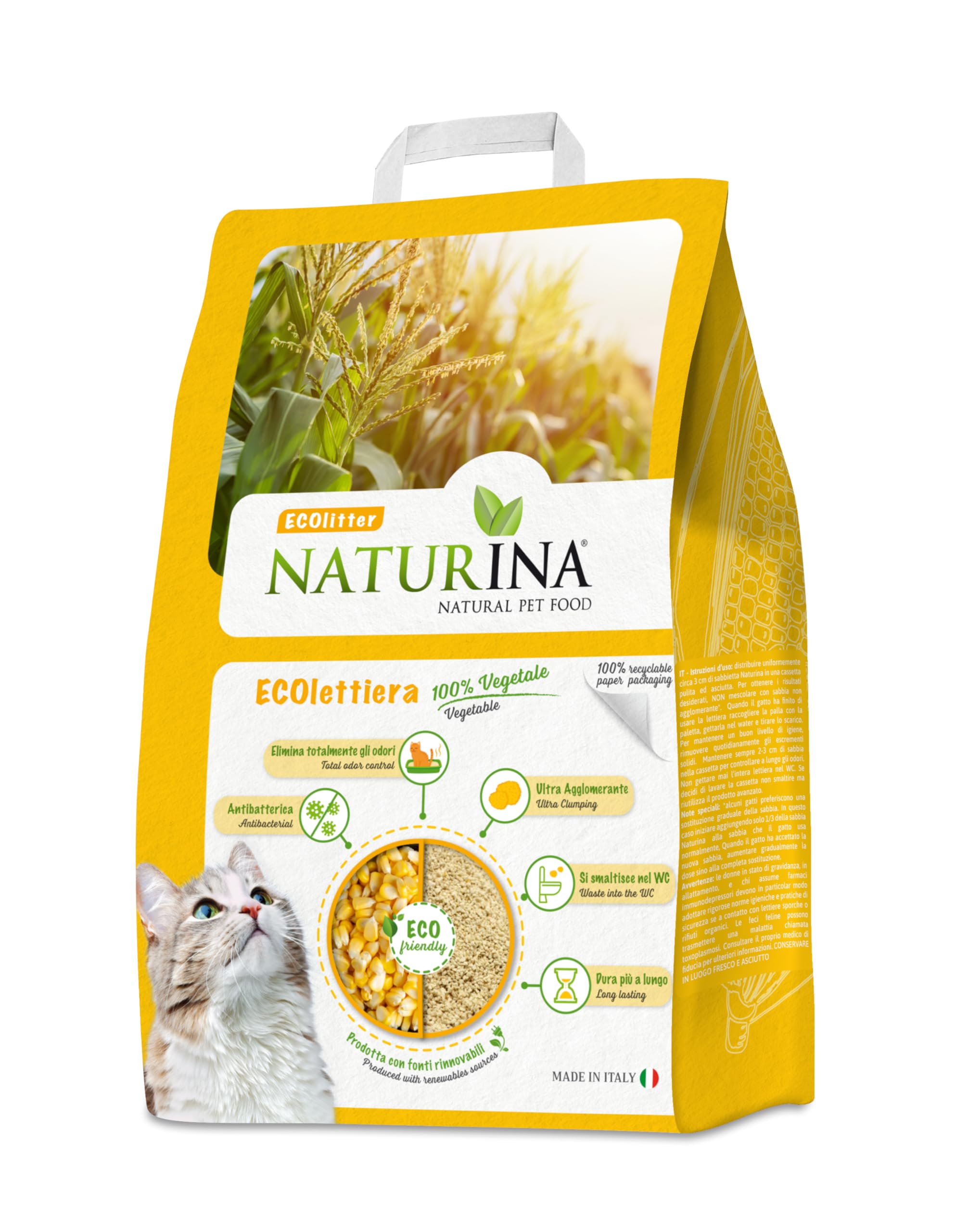 Żwirek dla kota, 100% naturalny piasek higieniczny na bazie kukurydzy, trwały, super zagęszczający, antybakteryjny i eliminujący zapachy, wyprodukowano we Włoszech, 5 opakowań po 2,85 kg