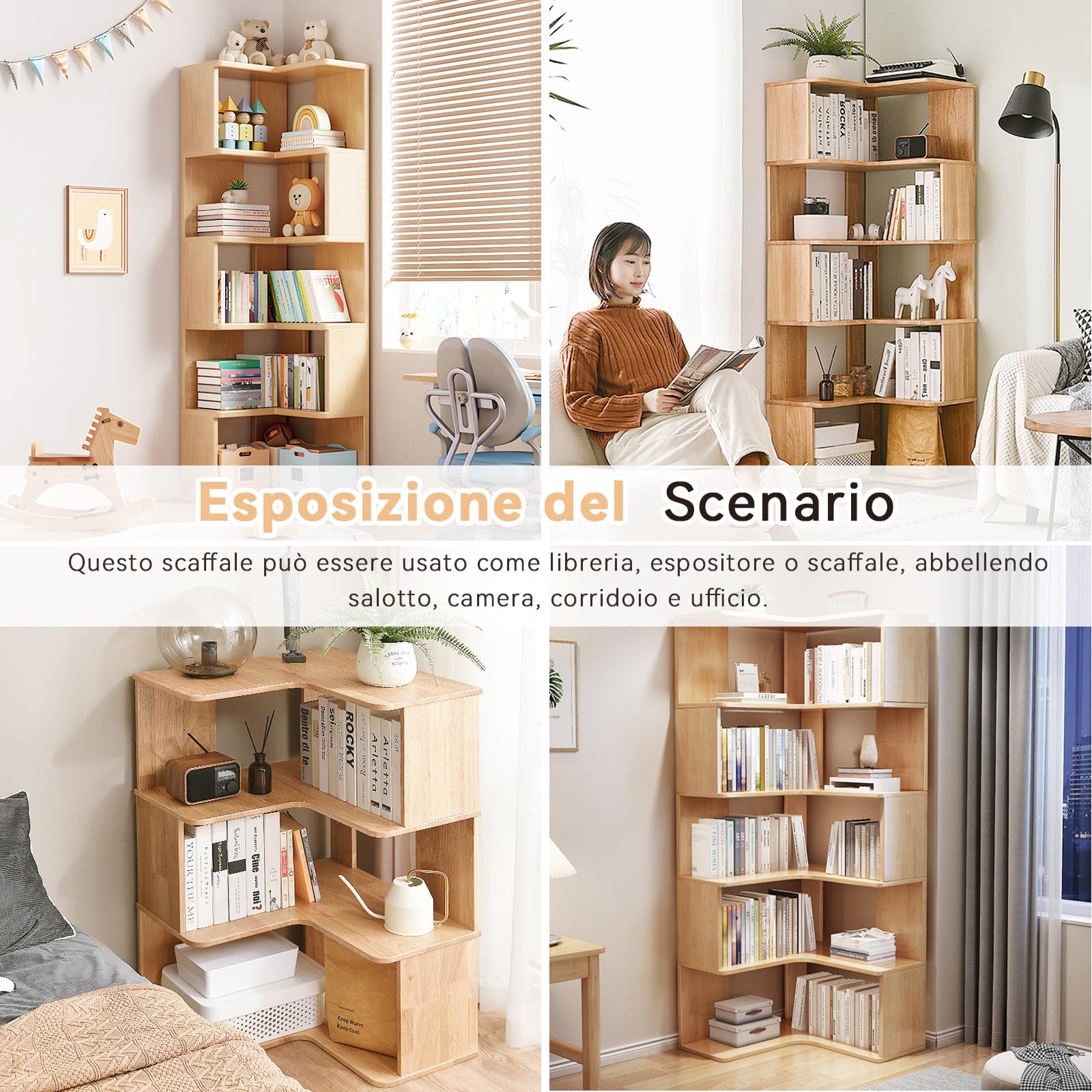 3 livelli Libreria Angolare, Libreria d'angolo, Legno libreria a L, Libreria da Parete, Risparmia Spazio, Scaffale Angolare per soggiorno, camera da letto, ufficio, studio, Colore del Legno